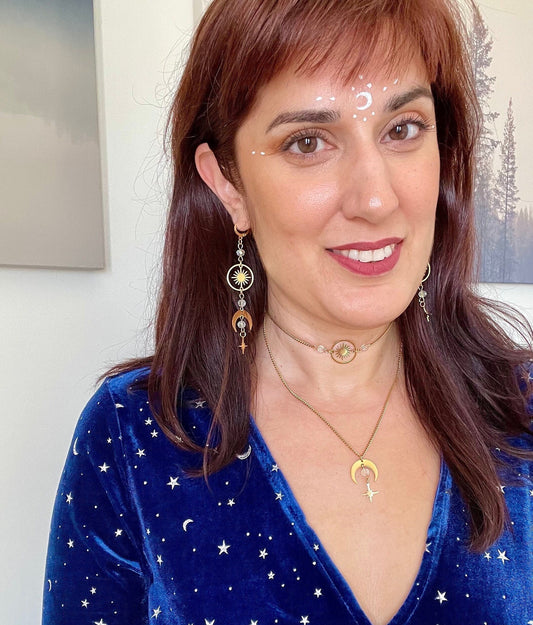 Celestial Choker Necklace, Witchy Moon and Star Jewelry, Whimsigoth Style - Gold