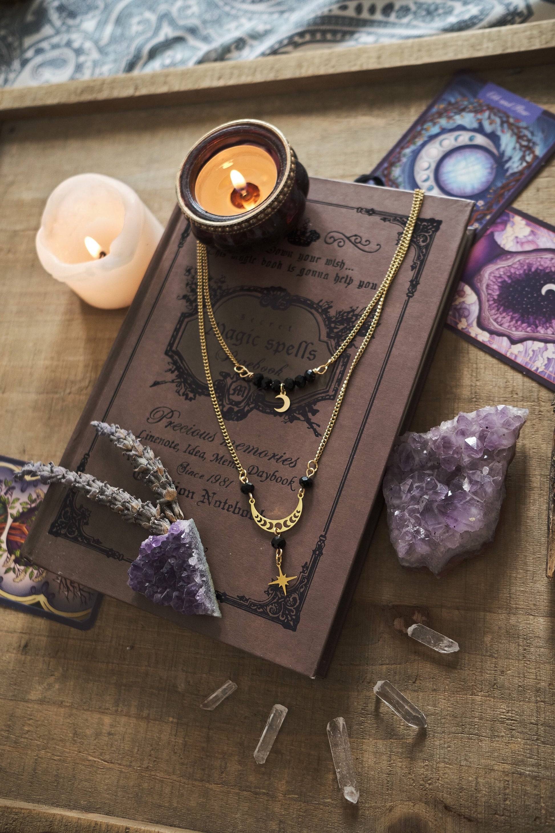 Celestial Necklace with Moon and Star Charm, Witchy Double Strand Necklace, Whimsigoth Jewelry - Gold
