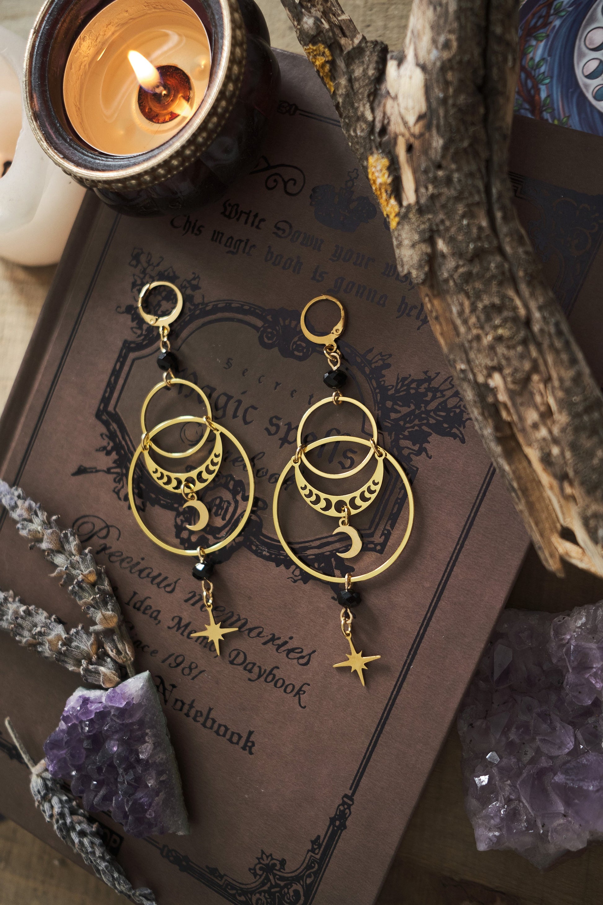 Celestial Earrings, Whimsigoth Stainless Steel Moon and Stars, Witchy Jewelry