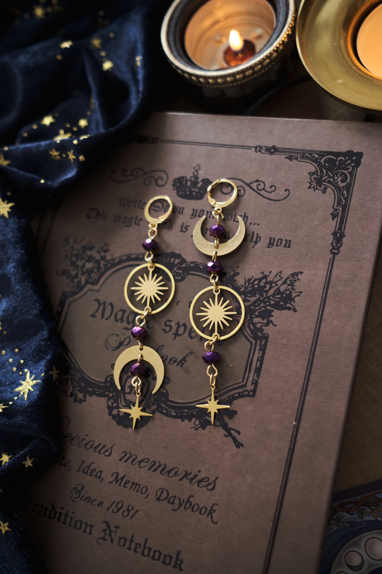 Celestial Earrings, Mismatched Moon and Star Earrings, Whimsigothic Witchy Jewelry - Gold