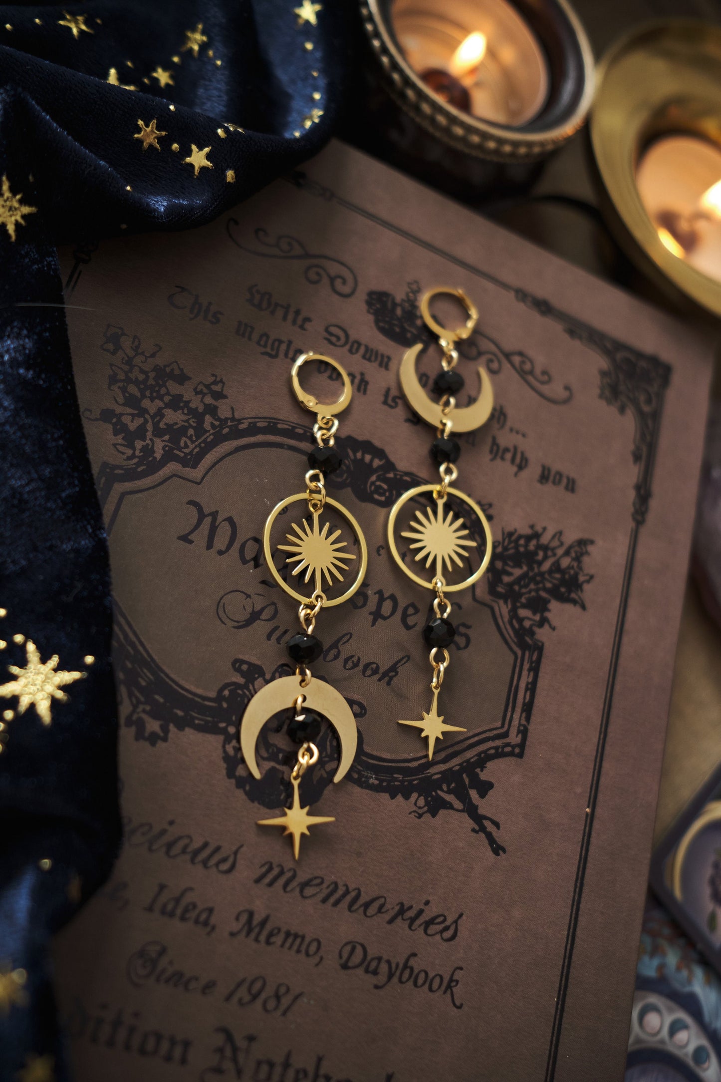 Celestial Earrings, Mismatched Moon and Star Earrings, Whimsigothic Witchy Jewelry - Gold