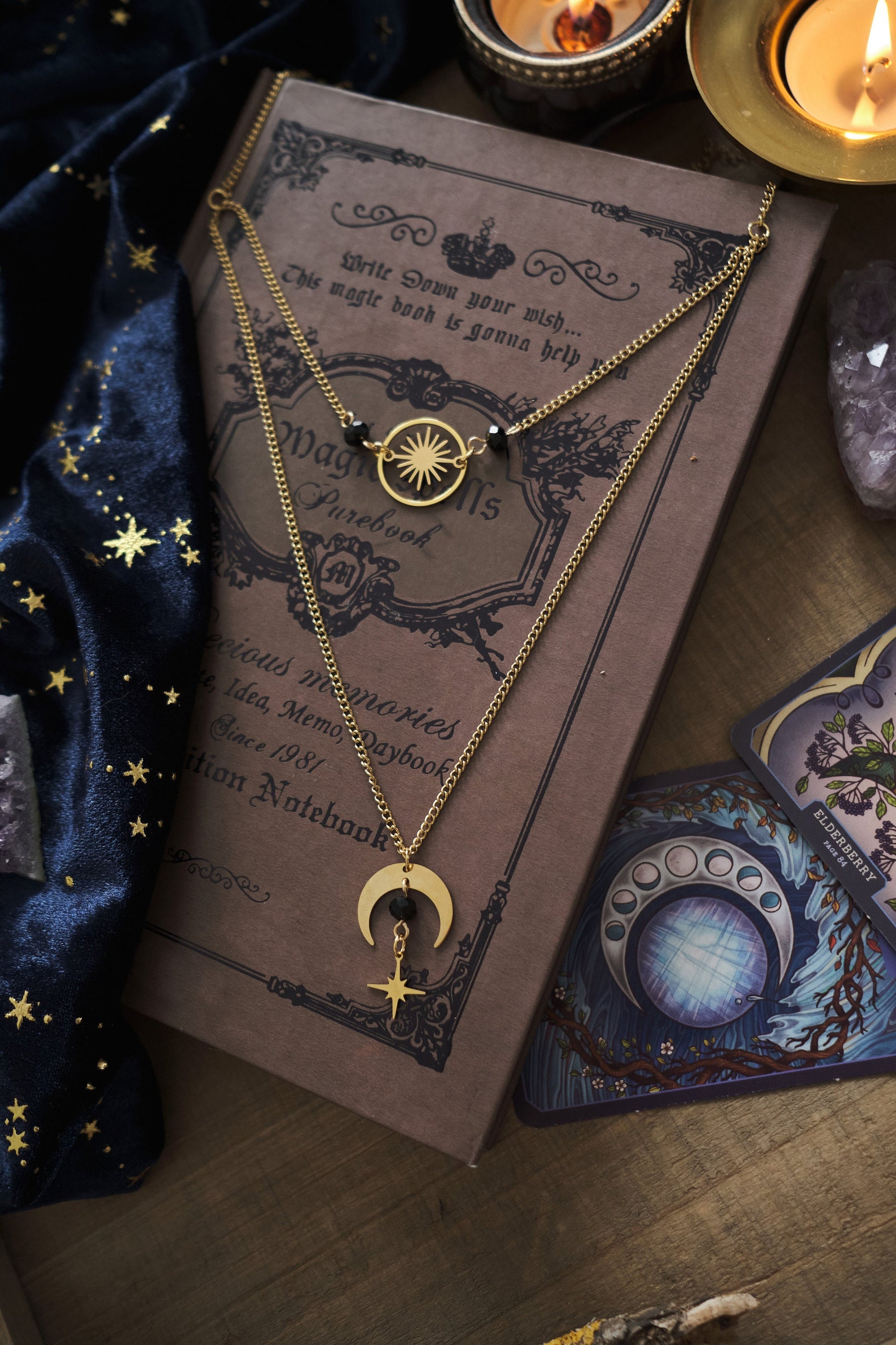 Celestial Choker Necklace, Witchy Moon and Star Jewelry, Whimsigoth Style - Gold