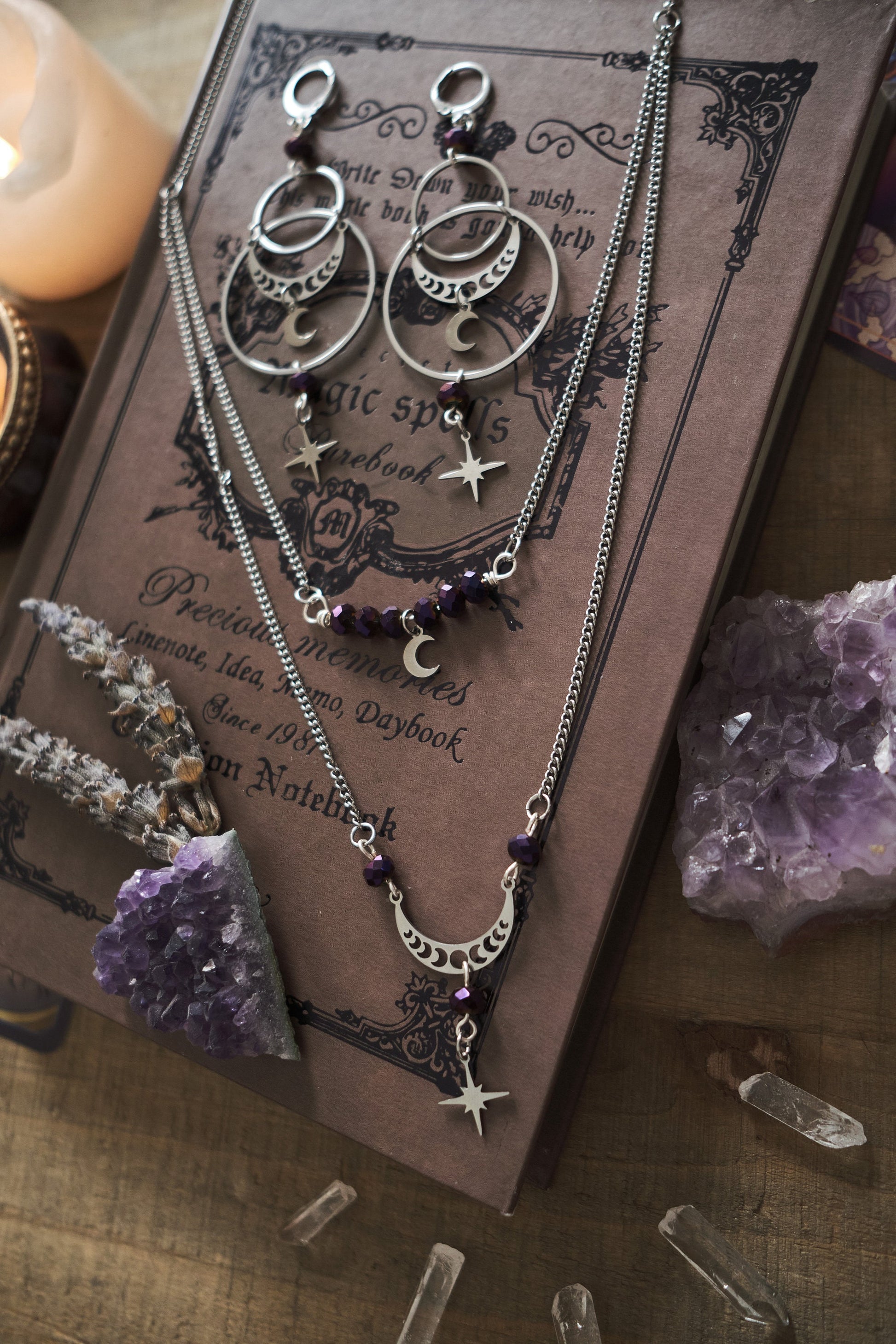 Witchy Necklace with SIlver Moon and Star Charm, Celestial Jewelry, Whimsigoth Style - Silver