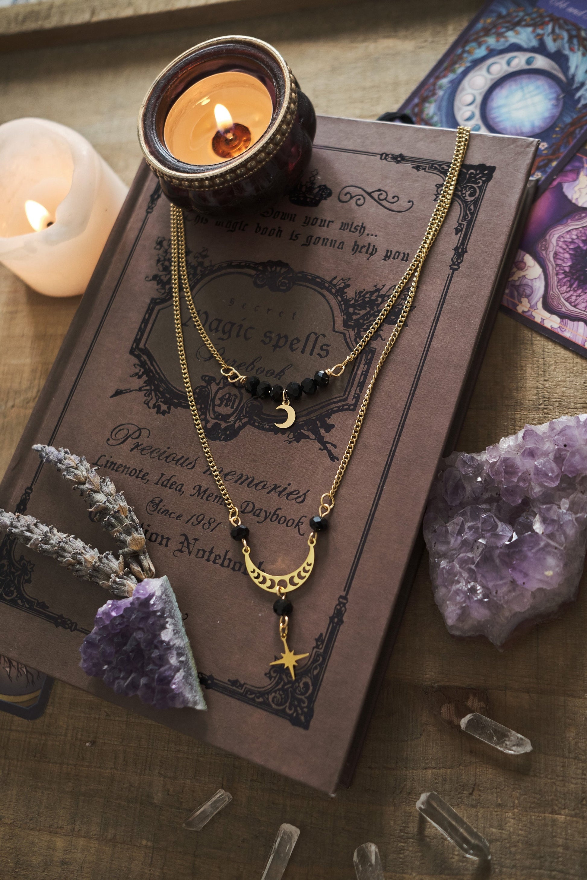Celestial Necklace with Moon and Star Charm, Witchy Double Strand Necklace, Whimsigoth Jewelry - Gold
