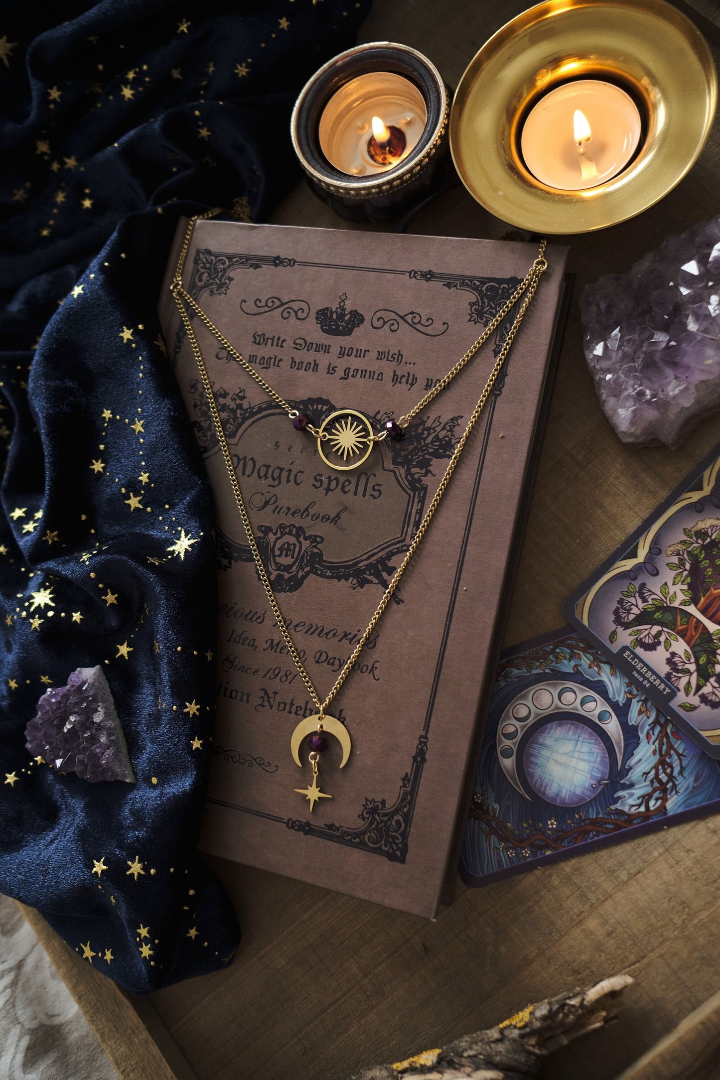 Witchy Choker Necklace, Celestial Moon and Star Jewelry, Whimsigoth Style - Gold