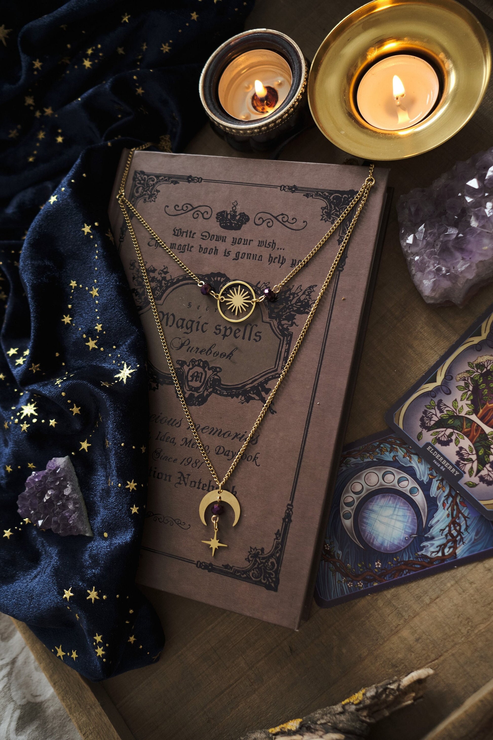 Witchy Choker Necklace, Celestial Moon and Star Jewelry, Whimsigoth Style - Gold