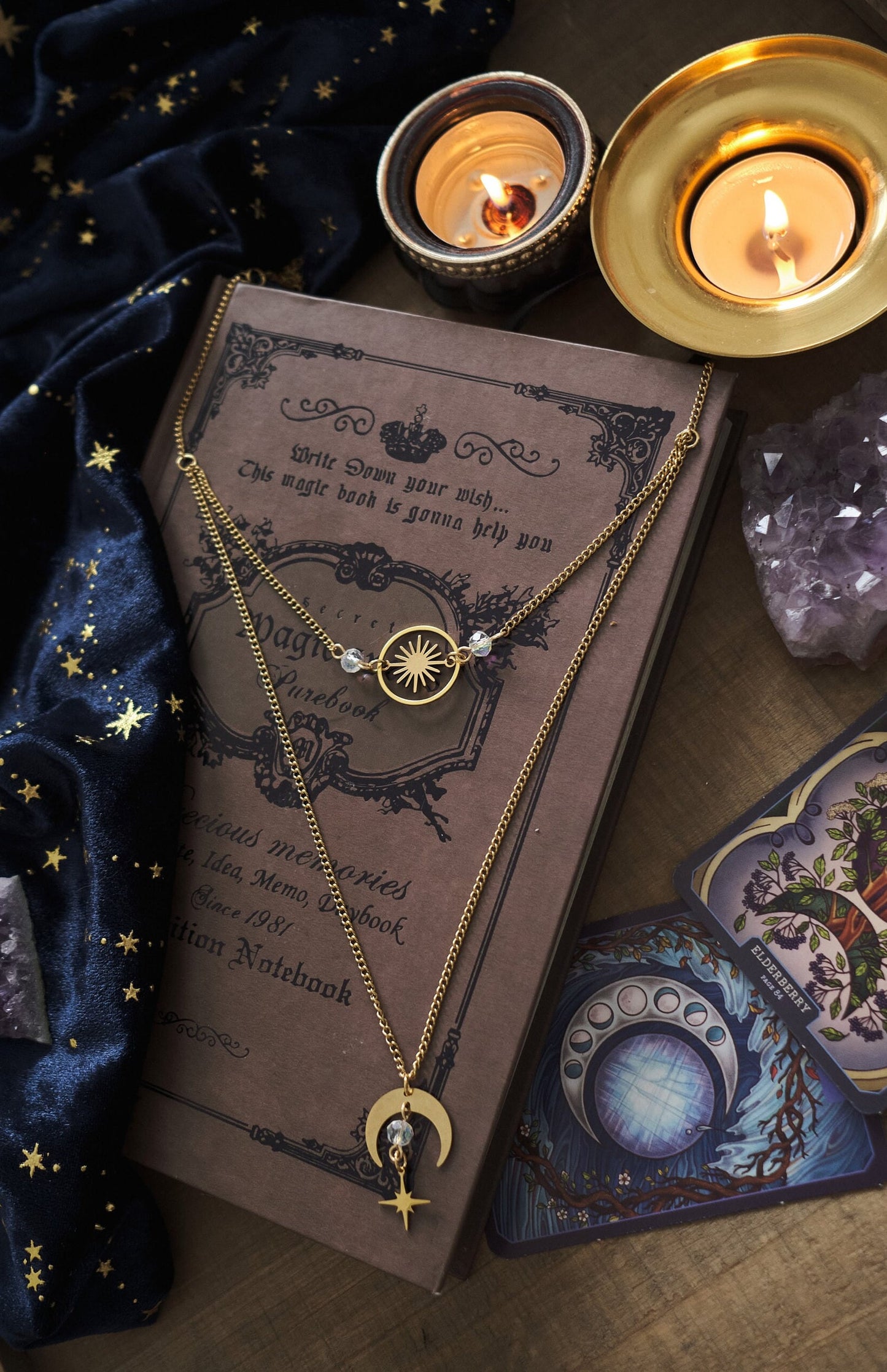 Celestial Choker Necklace, Witchy Moon and Star Jewelry, Whimsigoth Style - Gold