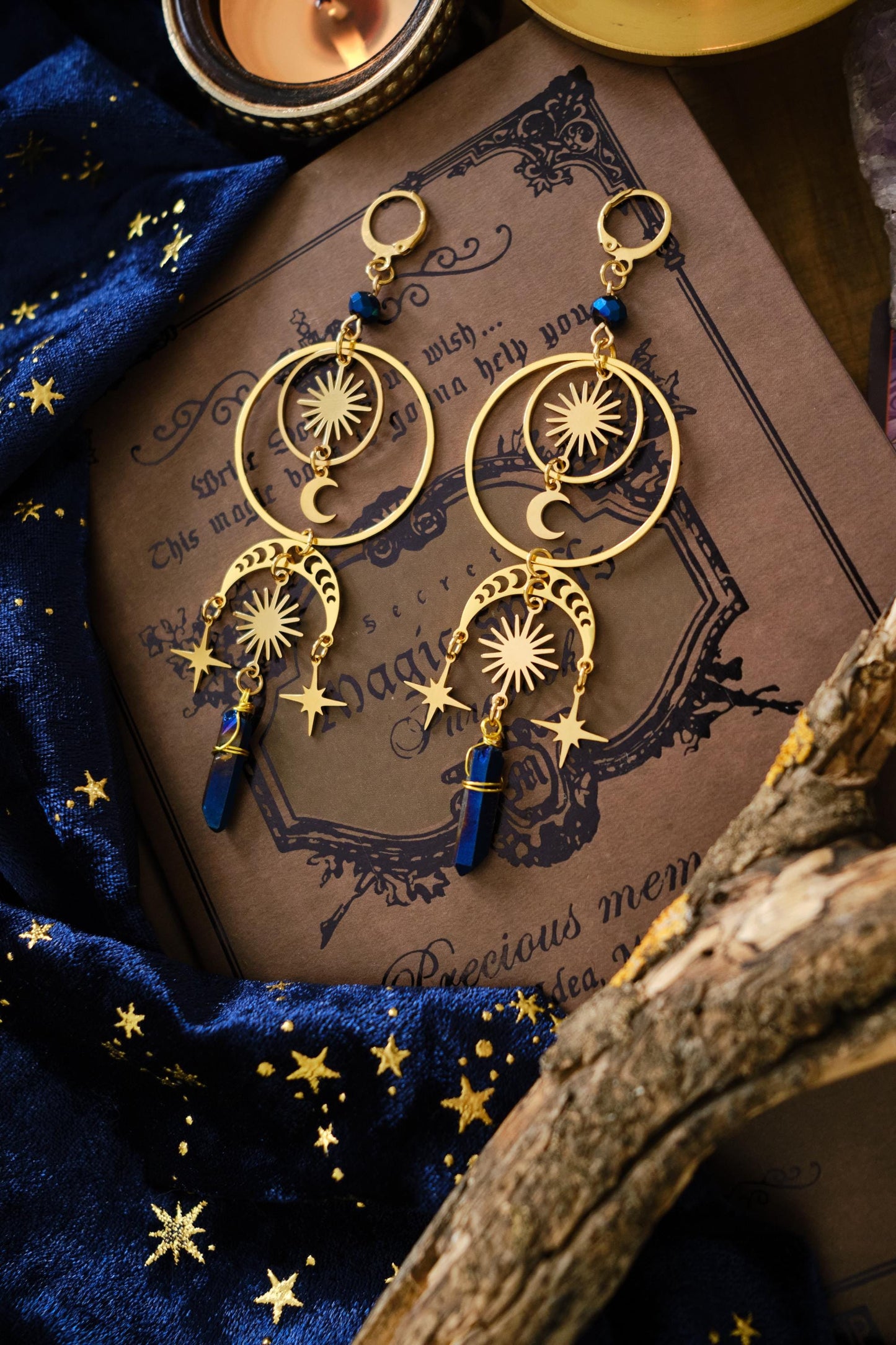 Moon and Star Crystal Earrings, Quartz Crystal, Statement Celestial Jewelry