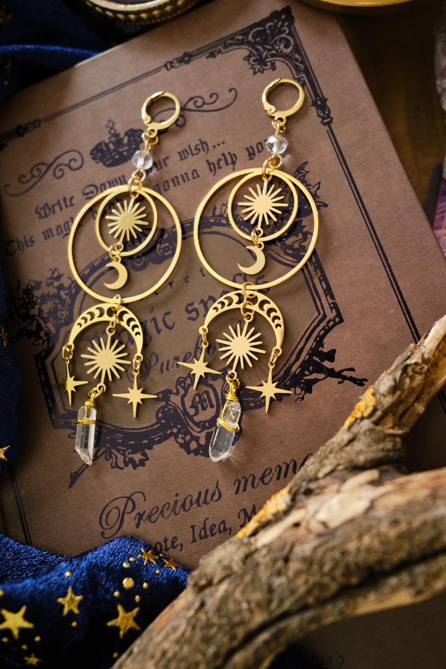 Moon and Star Crystal Earrings, Quartz Crystal, Statement Celestial Jewelry