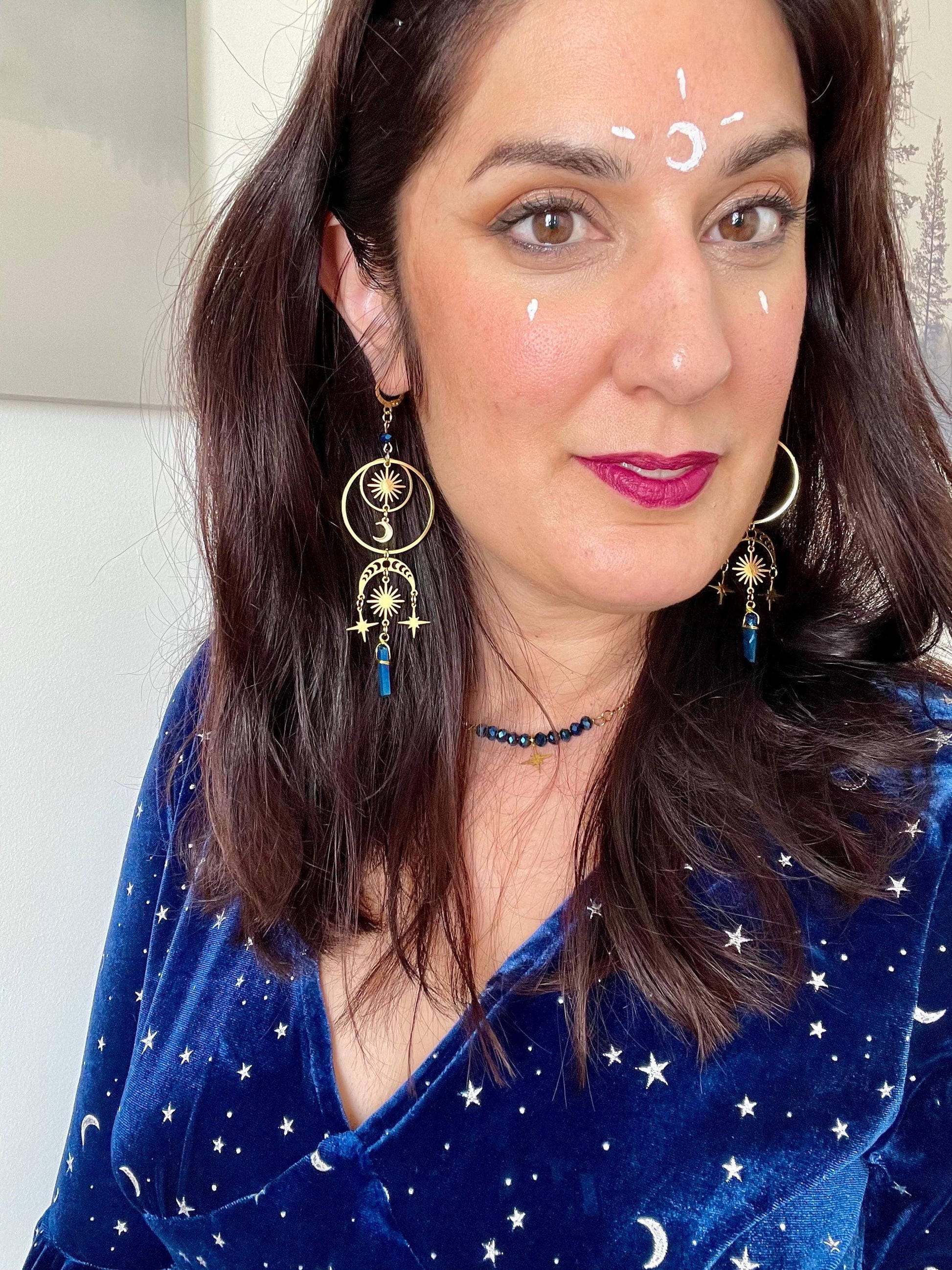 Moon and Star Crystal Earrings, Quartz Crystal, Statement Celestial Jewelry