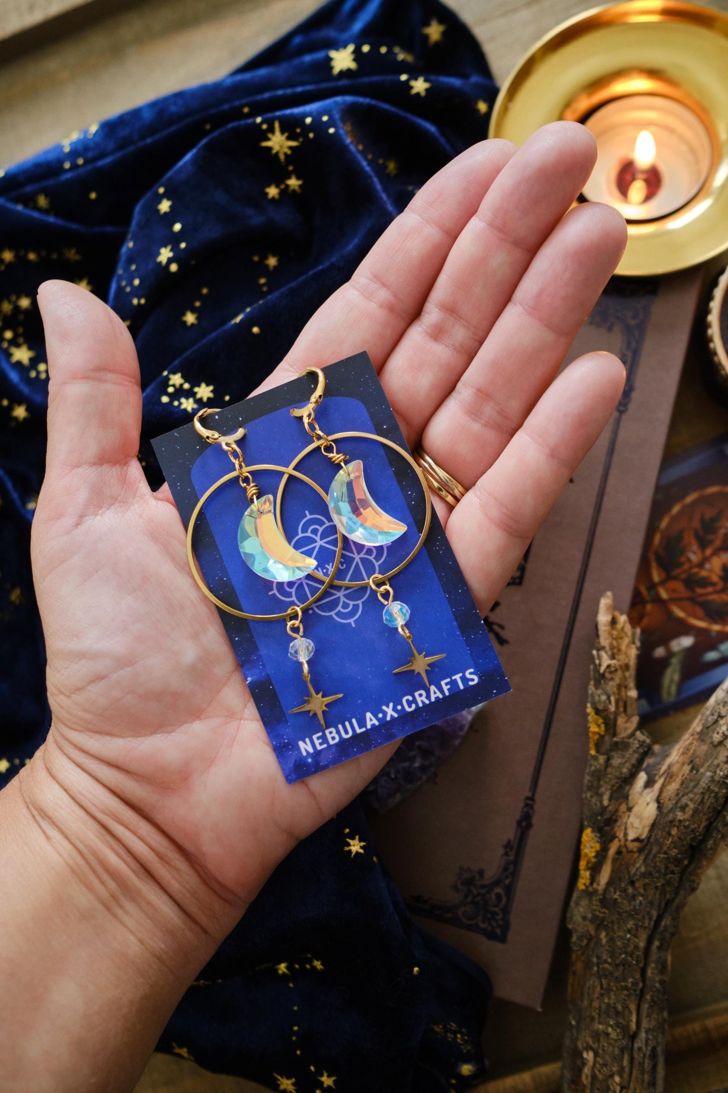 Suncatcher Earrings with Moon and Star, Rainbow Maker Crystal, Celestial Jewelry with Prism