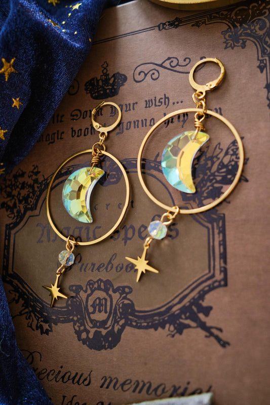 Suncatcher Earrings with Moon and Star, Rainbow Maker Crystal, Celestial Jewelry with Prism