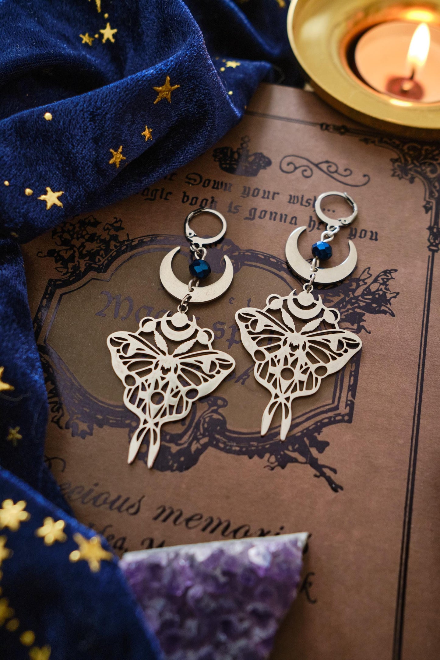 Moon Butterfly Earrings, Luna Moth Earrings, Statement Celestial Jewelry