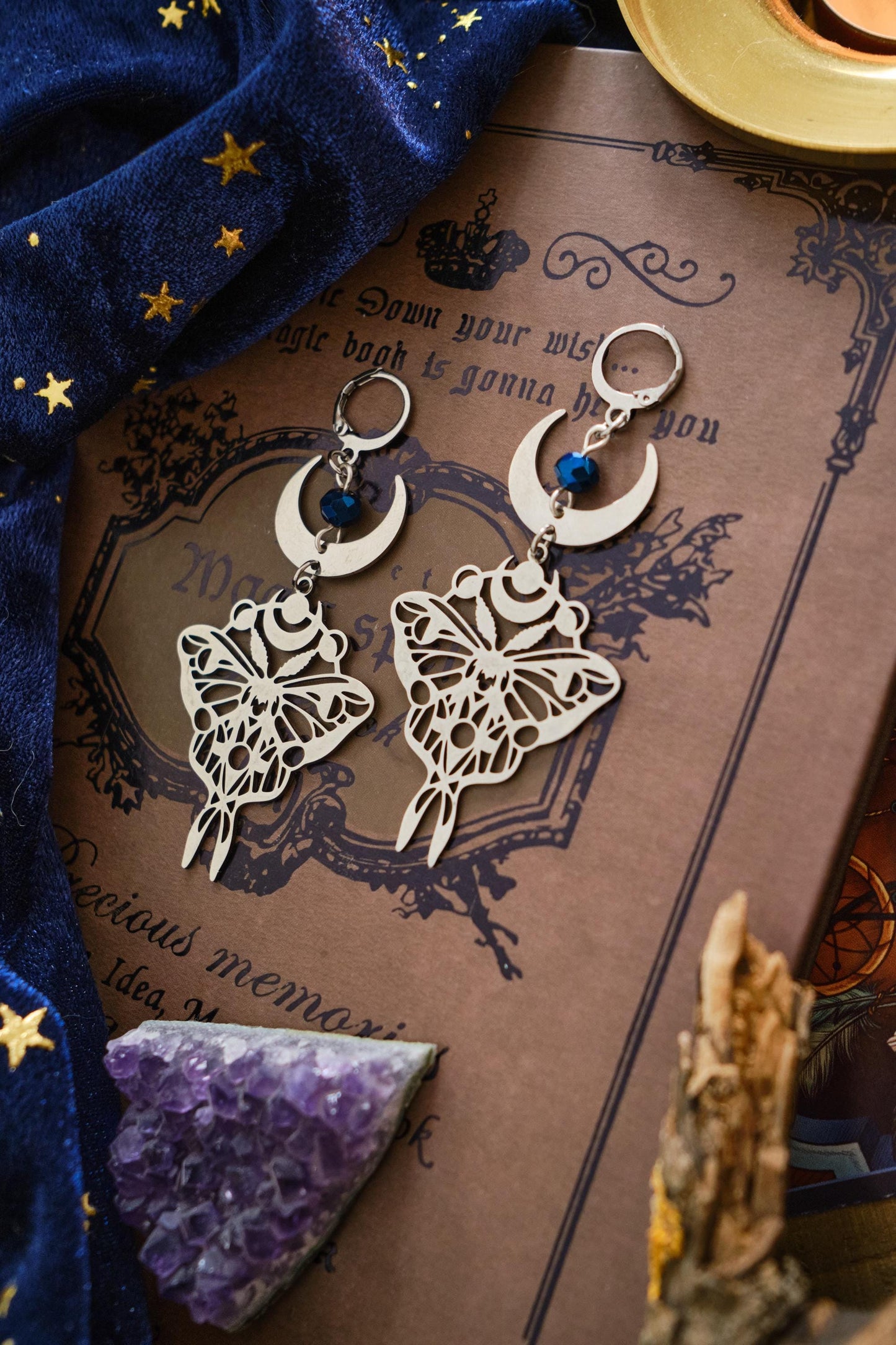 Moon Butterfly Earrings, Luna Moth Earrings, Statement Celestial Jewelry