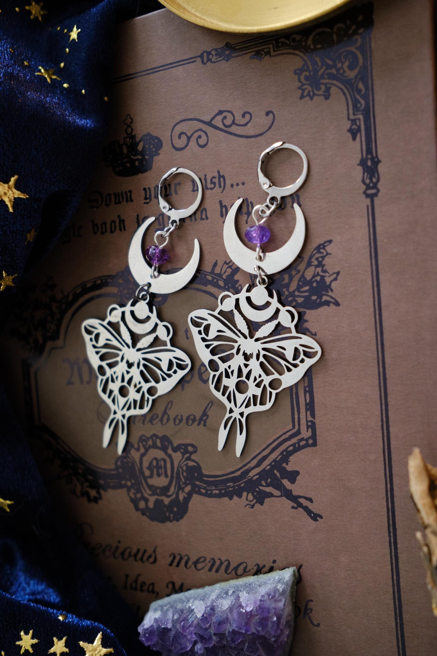 Moon Butterfly Earrings, Luna Moth Earrings, Statement Celestial Jewelry