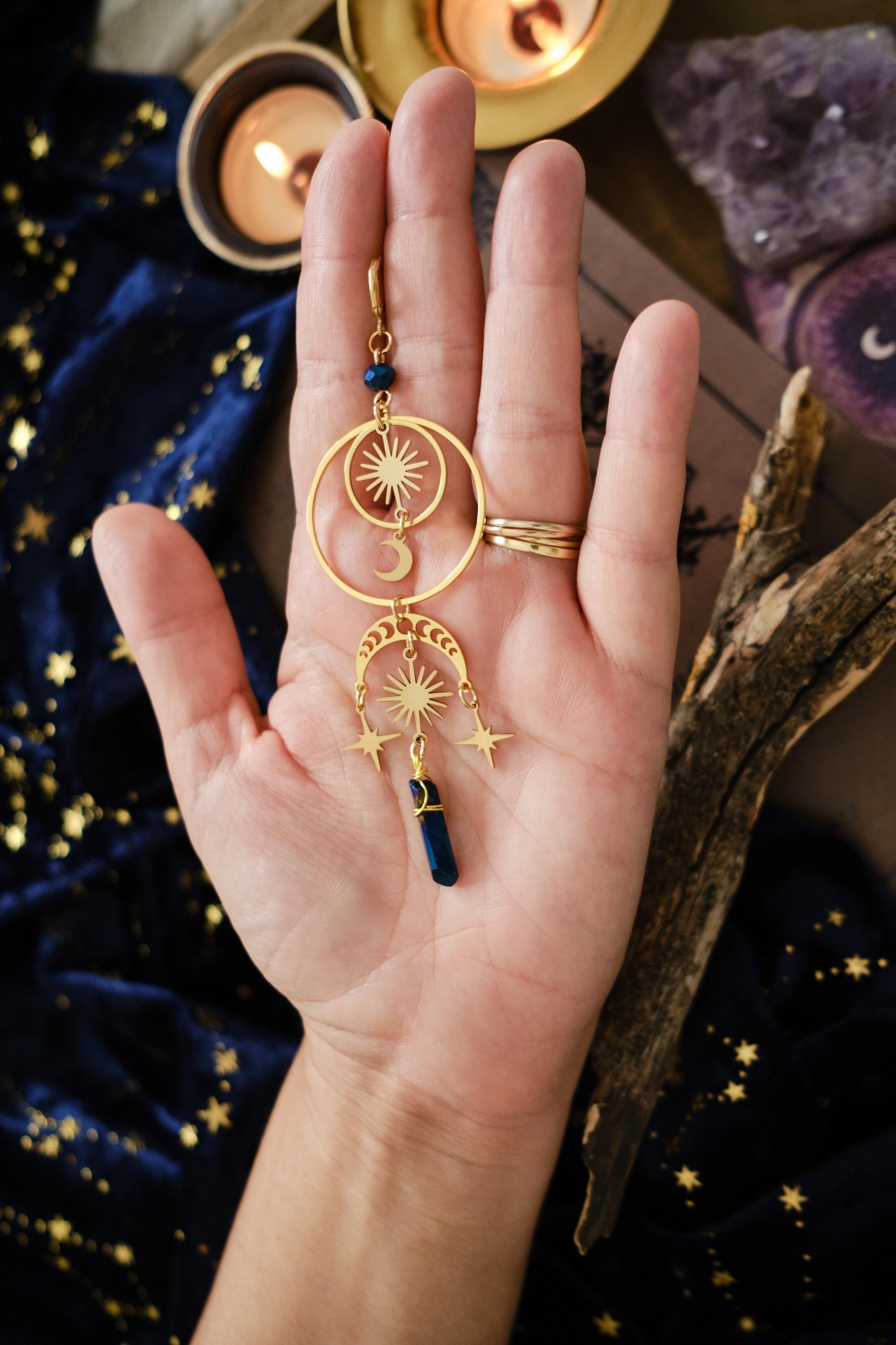 Moon and Star Crystal Earrings, Quartz Crystal, Statement Celestial Jewelry