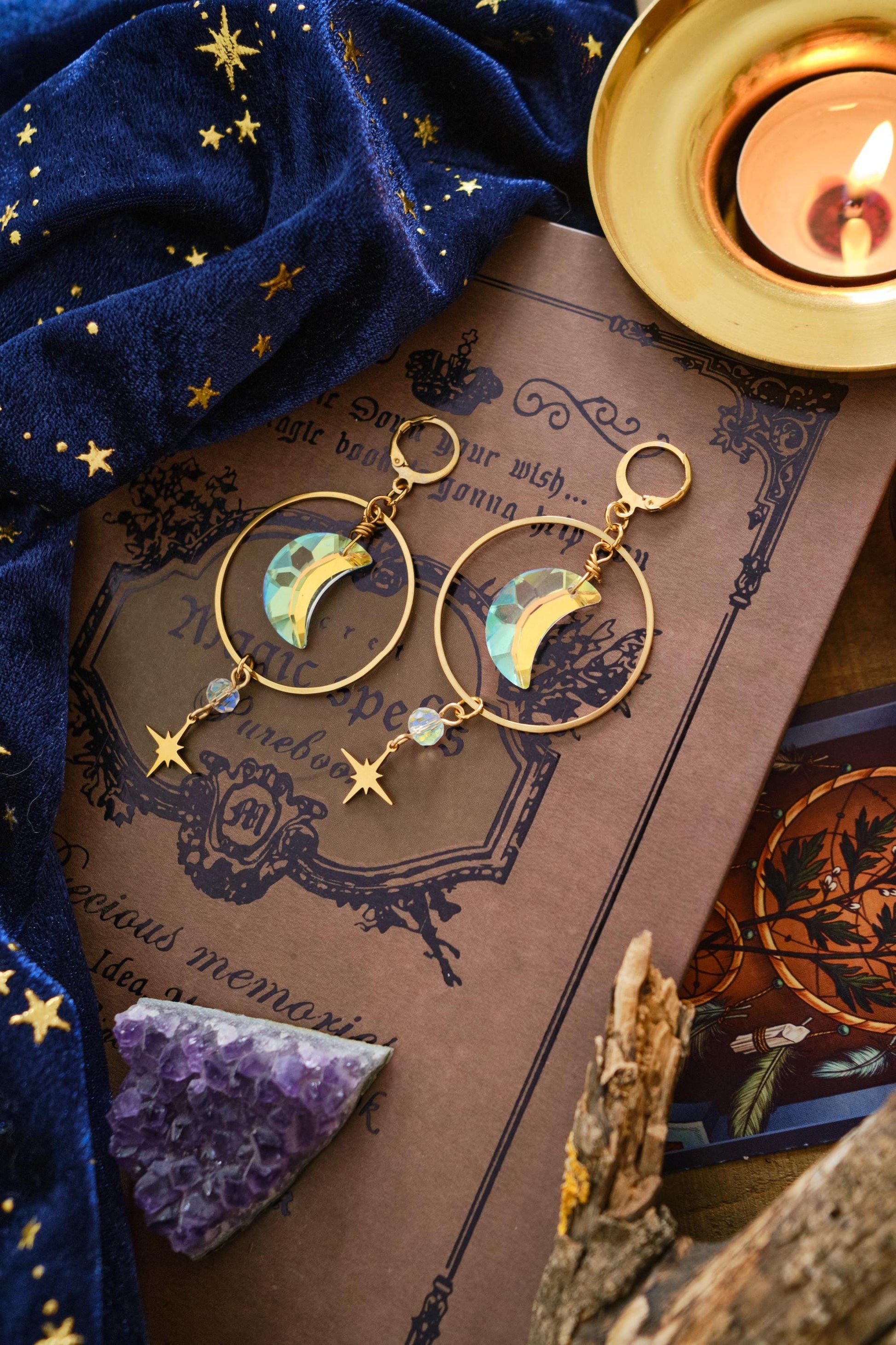 Suncatcher Earrings with Moon and Star, Rainbow Maker Crystal, Celestial Jewelry with Prism