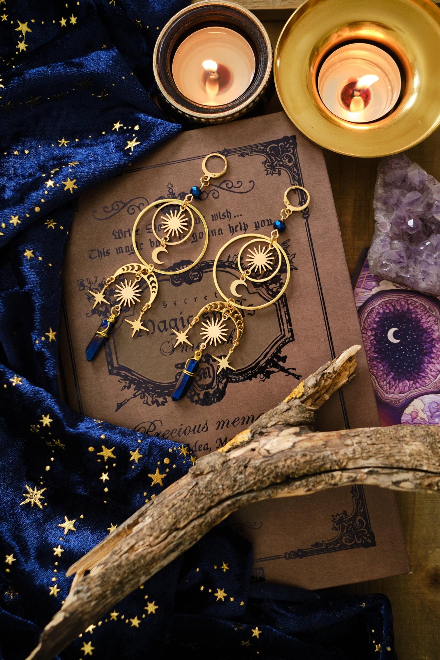 Moon and Star Crystal Earrings, Quartz Crystal, Statement Celestial Jewelry