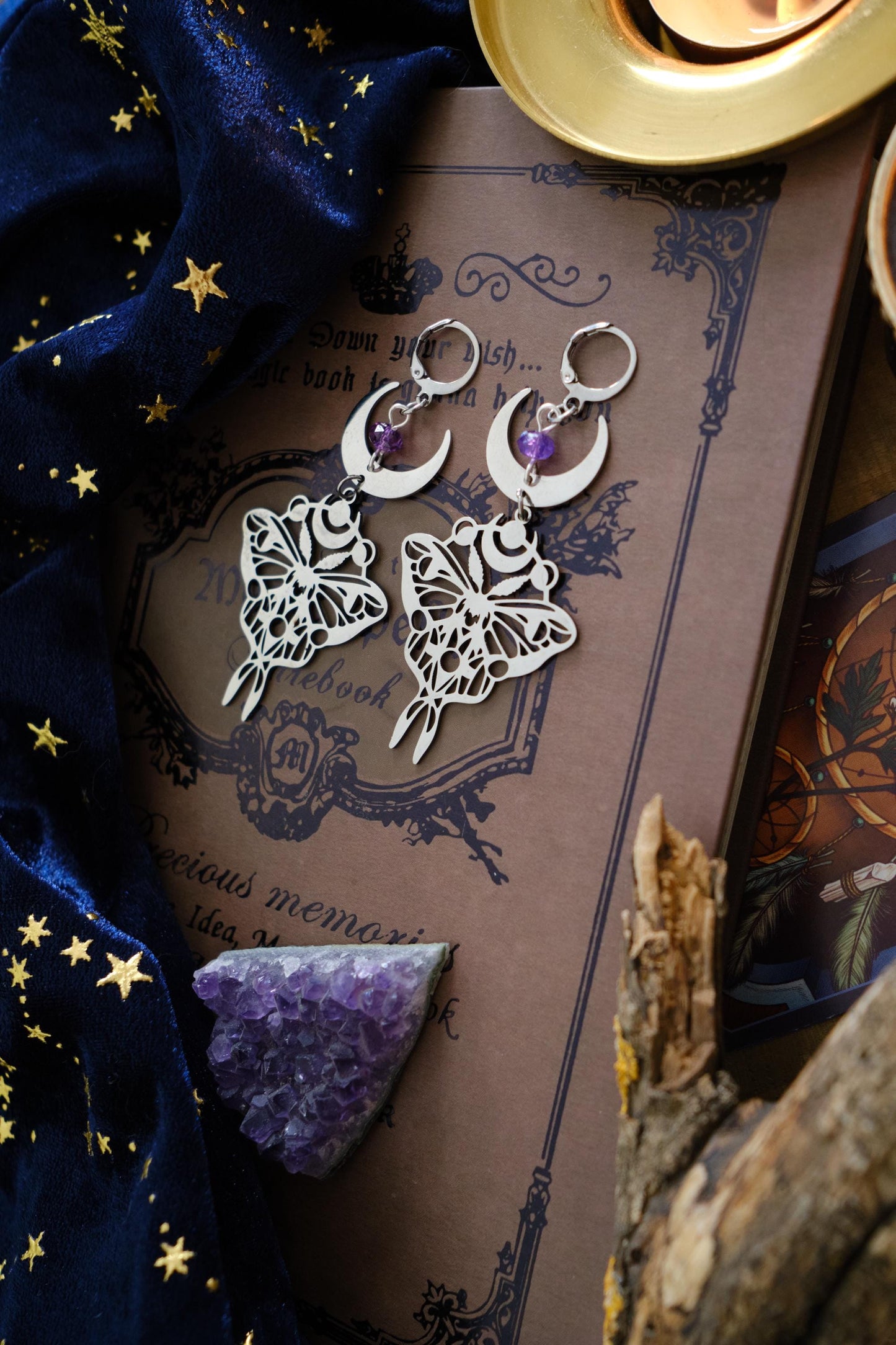 Moon Butterfly Earrings, Luna Moth Earrings, Statement Celestial Jewelry