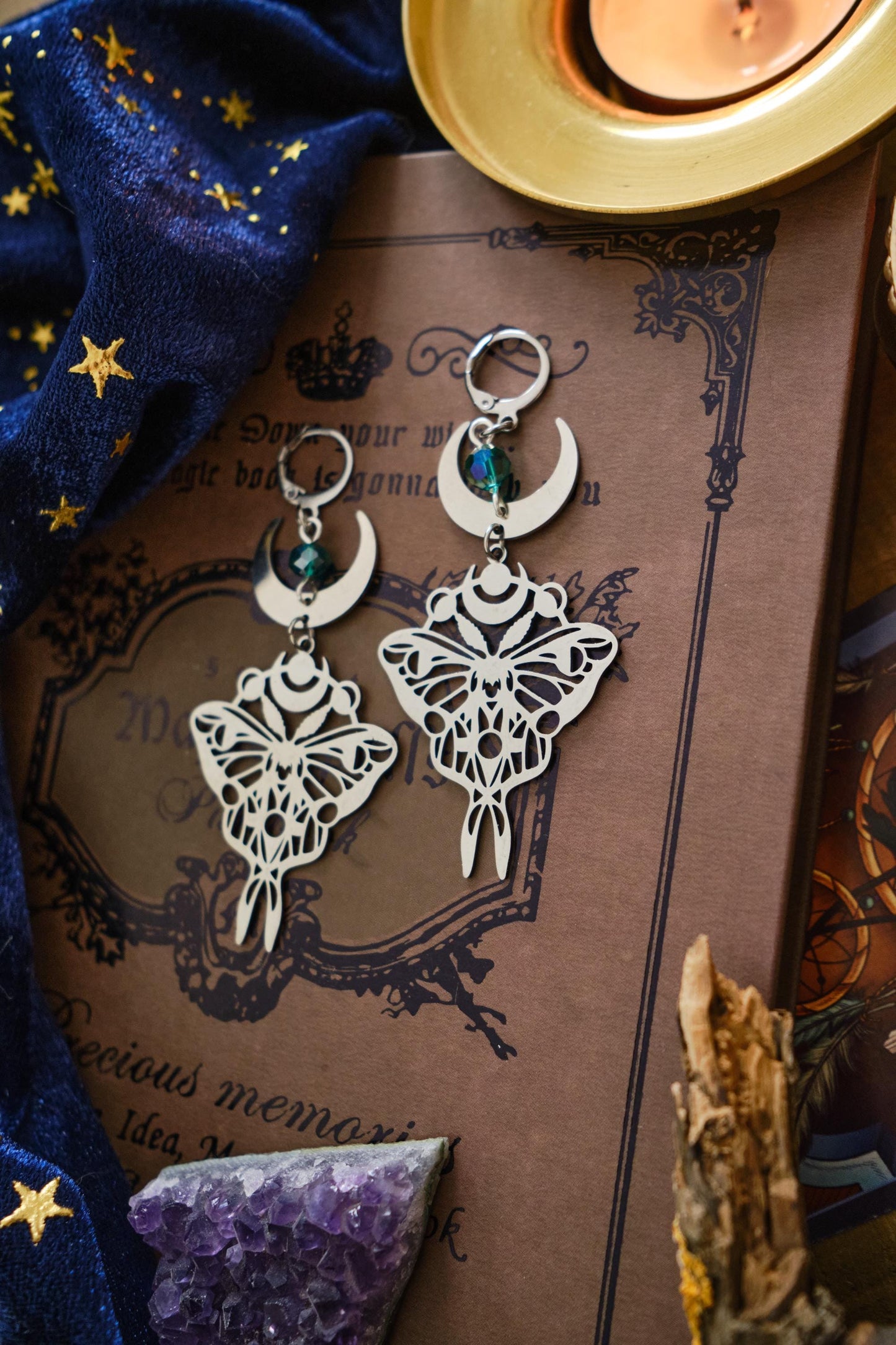 Moon Butterfly Earrings, Luna Moth Earrings, Statement Celestial Jewelry
