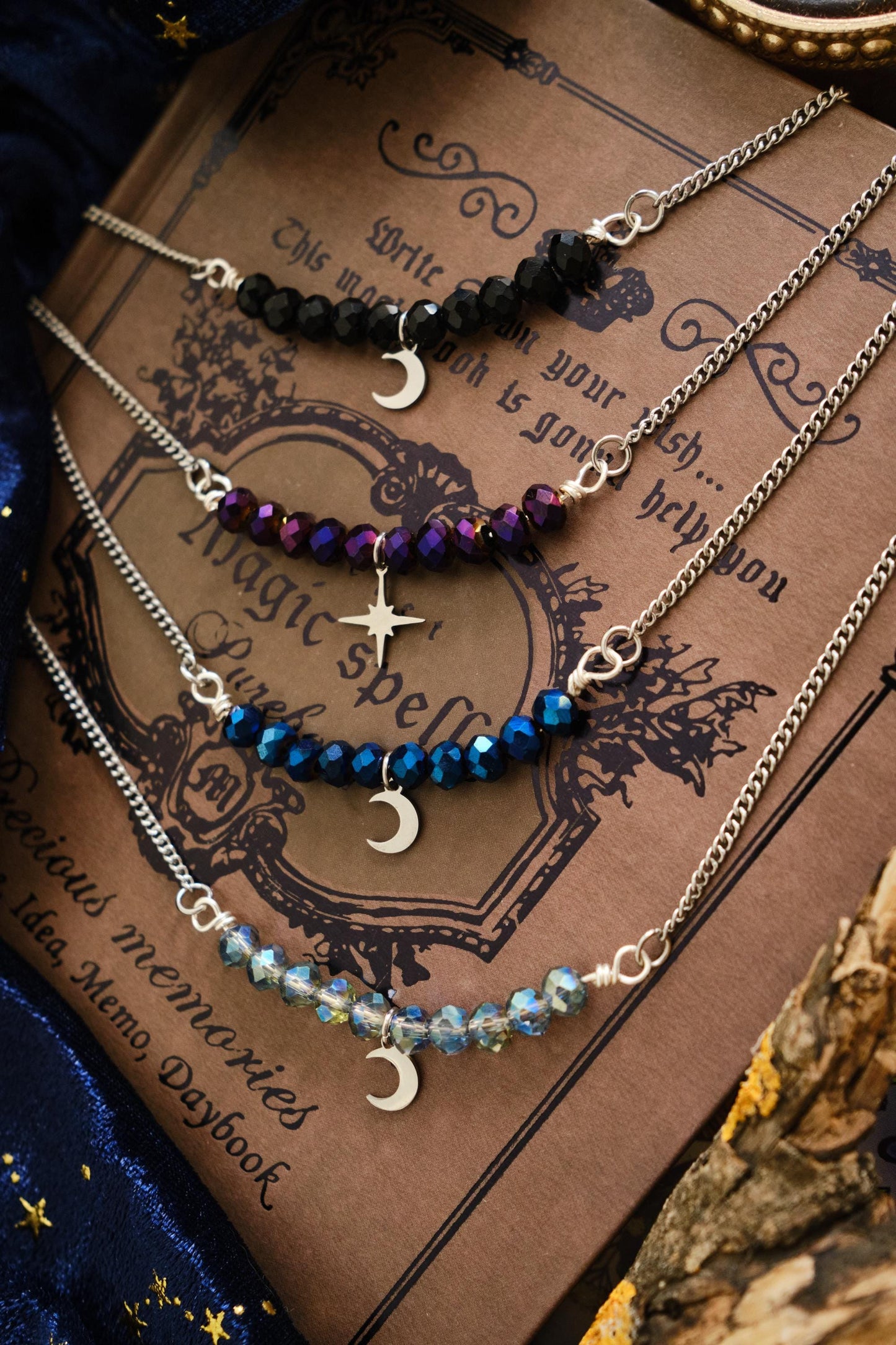 Personalizable Silver Moon or Star Necklace with Sparkly Beads, Choose your Color and Style! Whimsigoth Jewelry