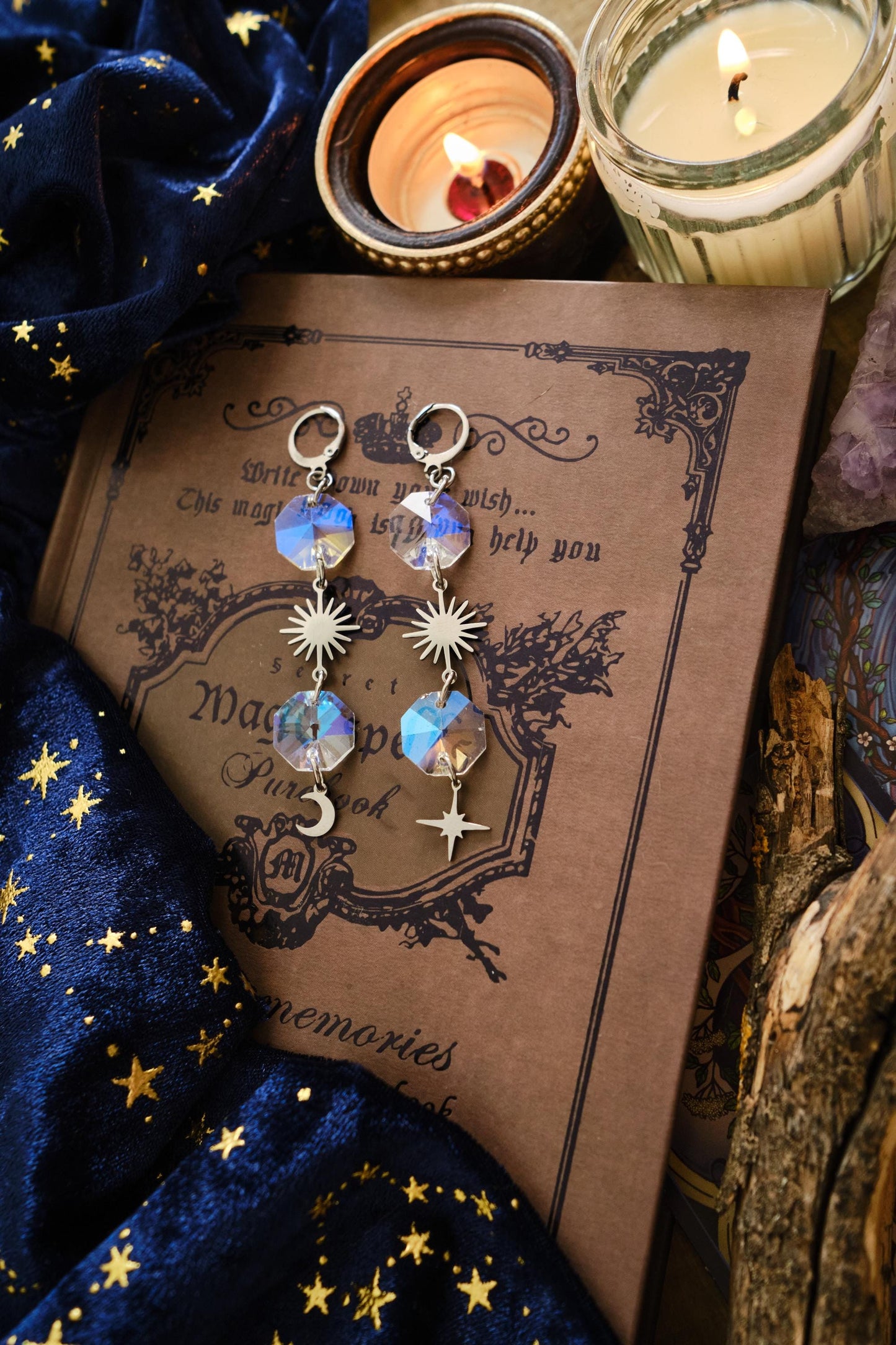Mystical Moon and Star Suncatcher Earrings, Rainbow Maker Crystal, Celestial Jewelry with Prisms