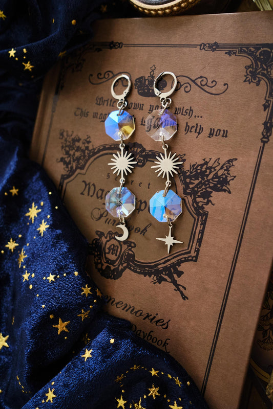 Mystical Moon and Star Suncatcher Earrings, Rainbow Maker Crystal, Celestial Jewelry with Prisms