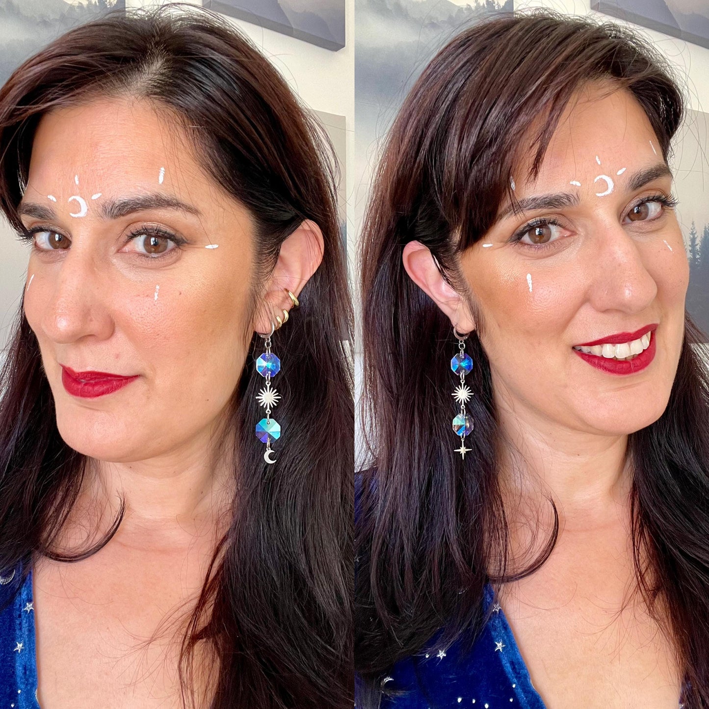 Mystical Moon and Star Suncatcher Earrings, Rainbow Maker Crystal, Celestial Jewelry with Prisms