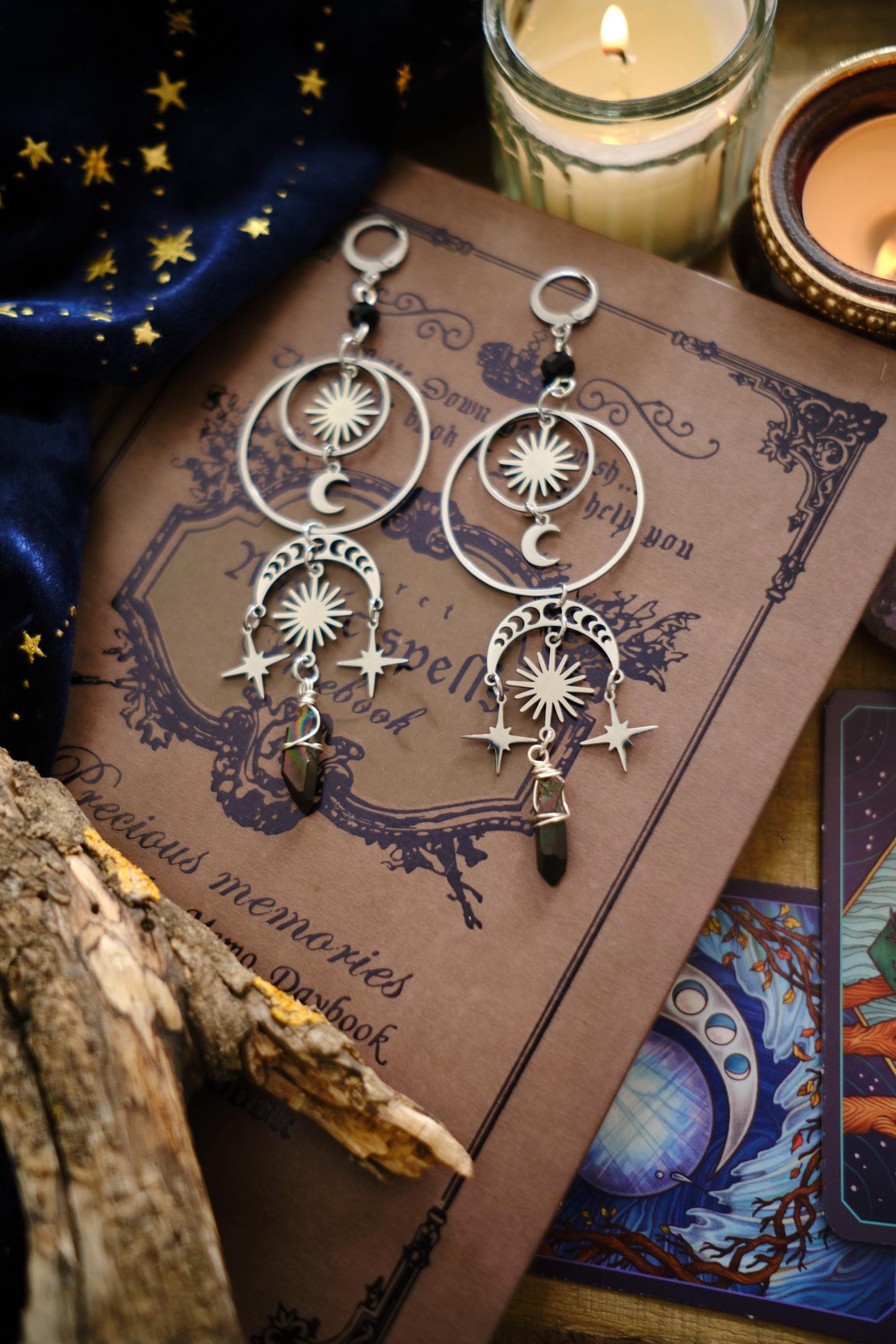 Moon and Star Crystal Earrings, Quartz Crystal, Statement Celestial Jewelry
