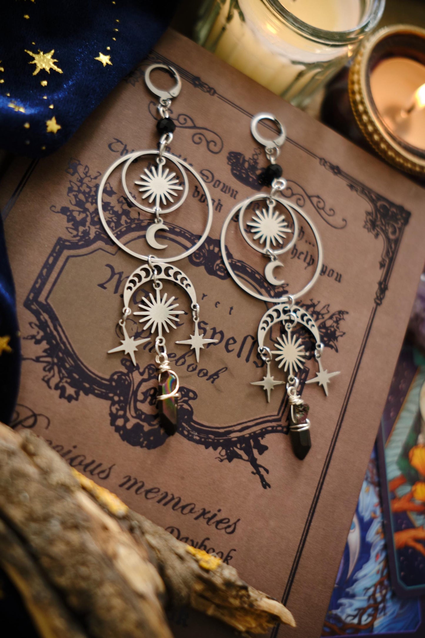 Moon and Star Crystal Earrings, Quartz Crystal, Statement Celestial Jewelry