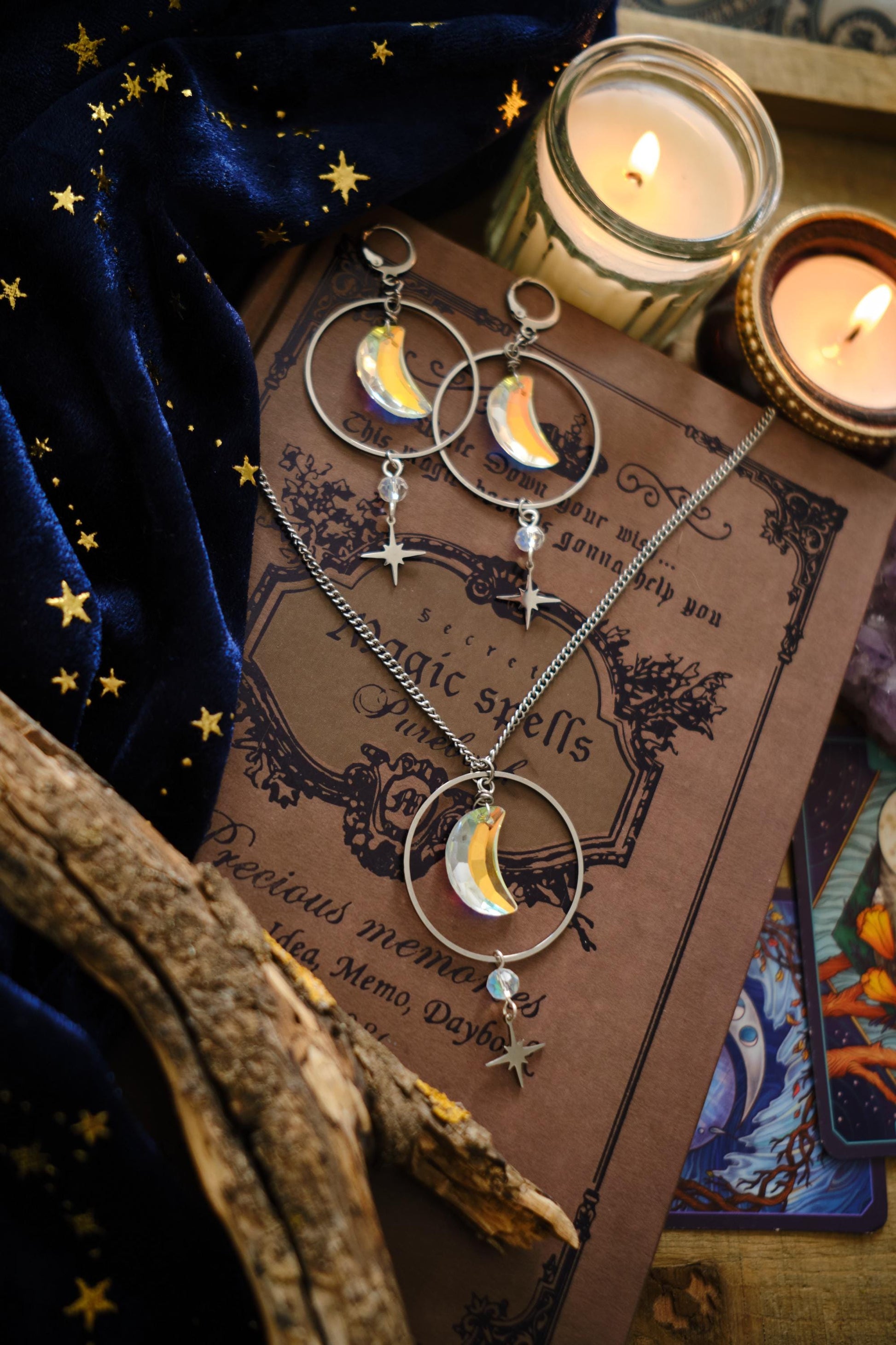 Suncatcher Moon Necklace, Celestial Witchy Jewelry, Whimsigoth Style Sparkly Necklace with Moon and Star