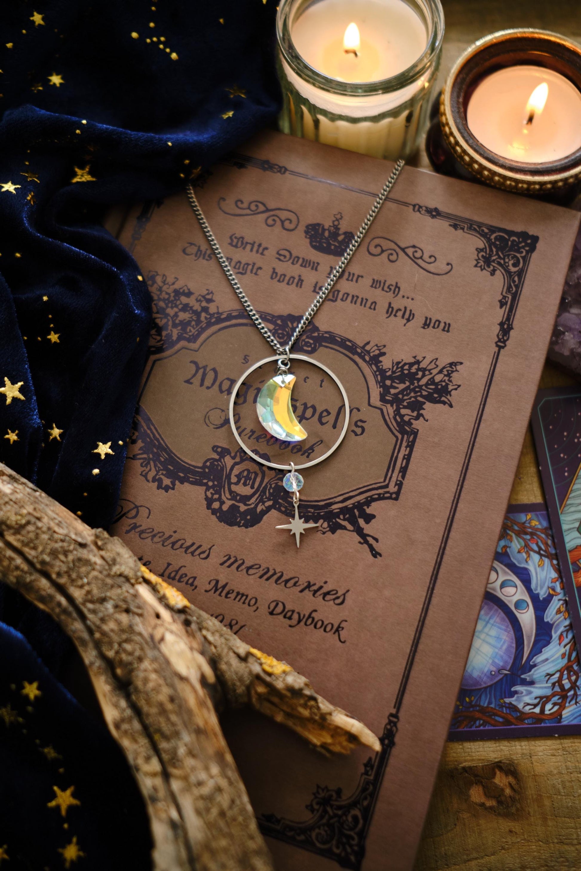 Suncatcher Moon Necklace, Celestial Witchy Jewelry, Whimsigoth Style Sparkly Necklace with Moon and Star
