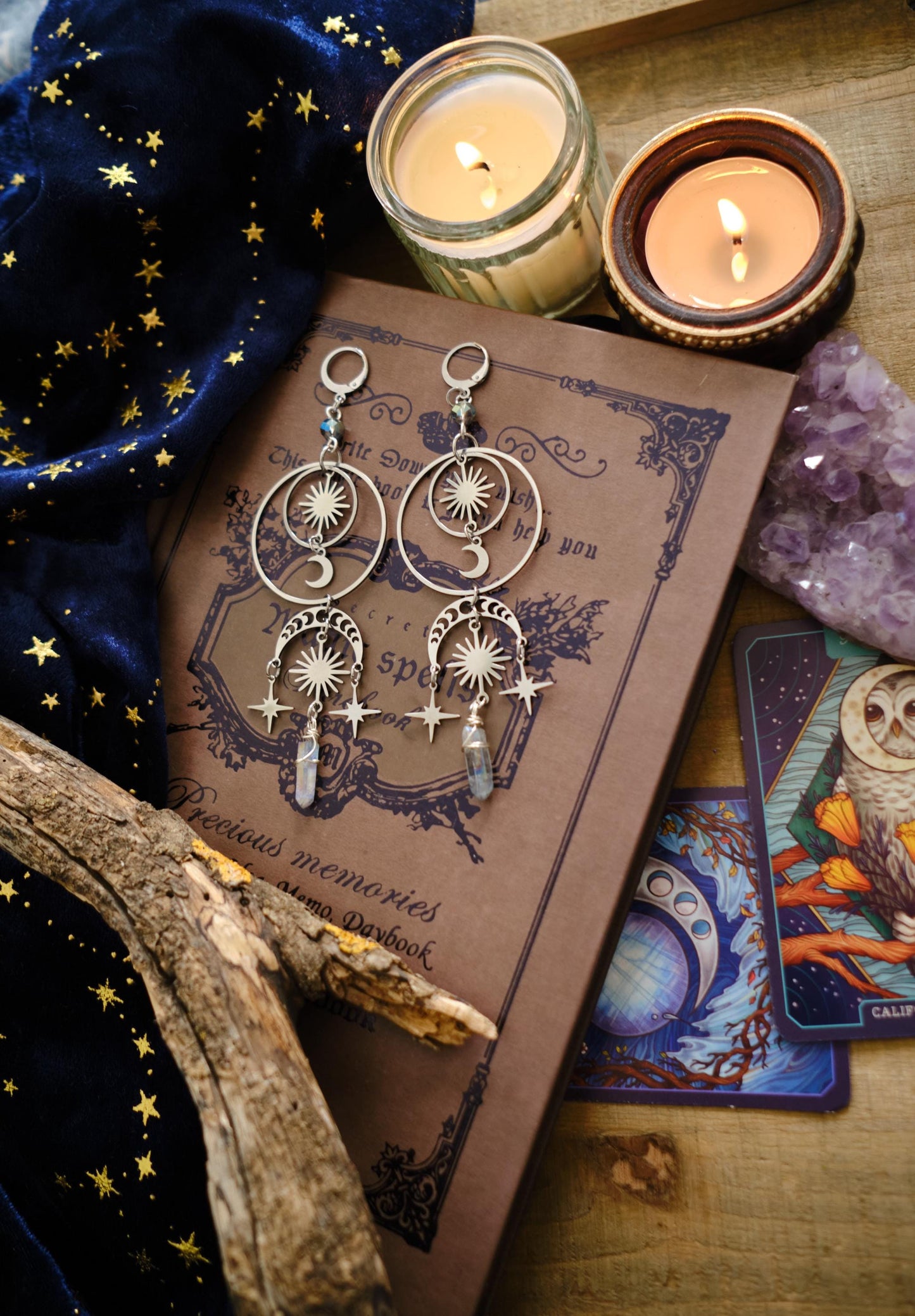 Moon and Star Crystal Earrings, Quartz Crystal, Statement Celestial Jewelry