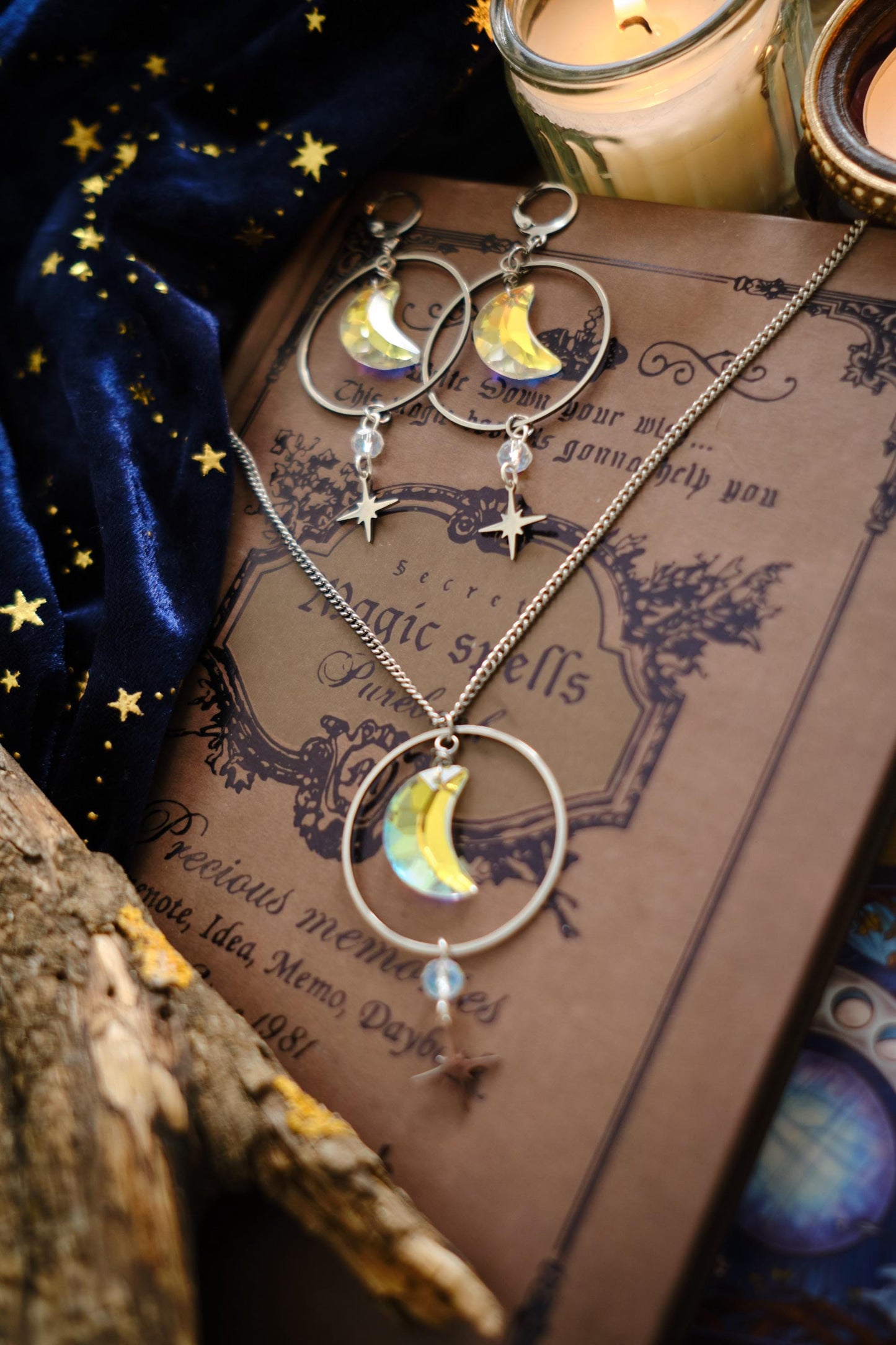 Suncatcher Earrings with Moon and Star, Rainbow Maker Crystal, Celestial Jewelry with Prism