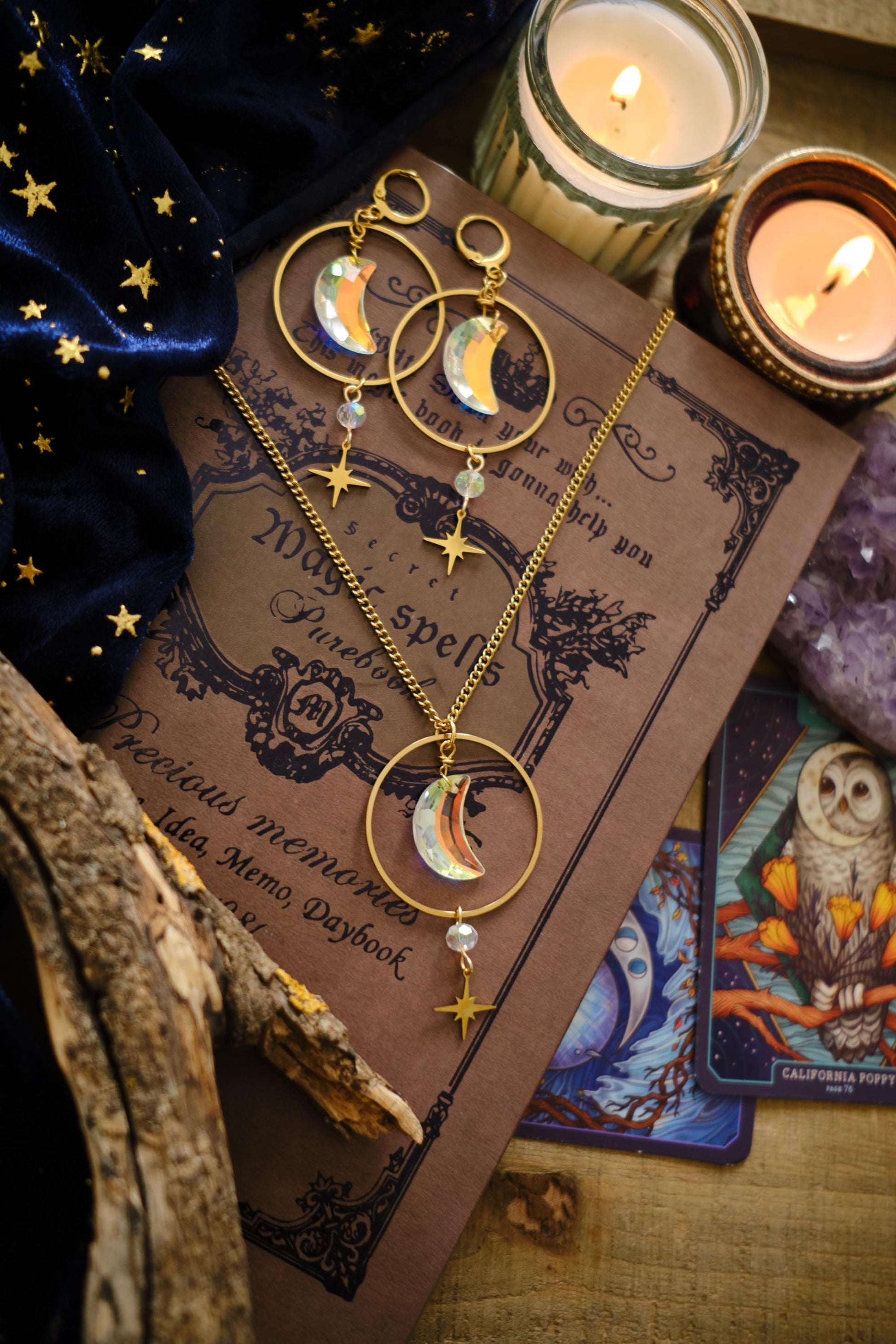 Suncatcher Earrings with Moon and Star, Rainbow Maker Crystal, Celestial Jewelry with Prism
