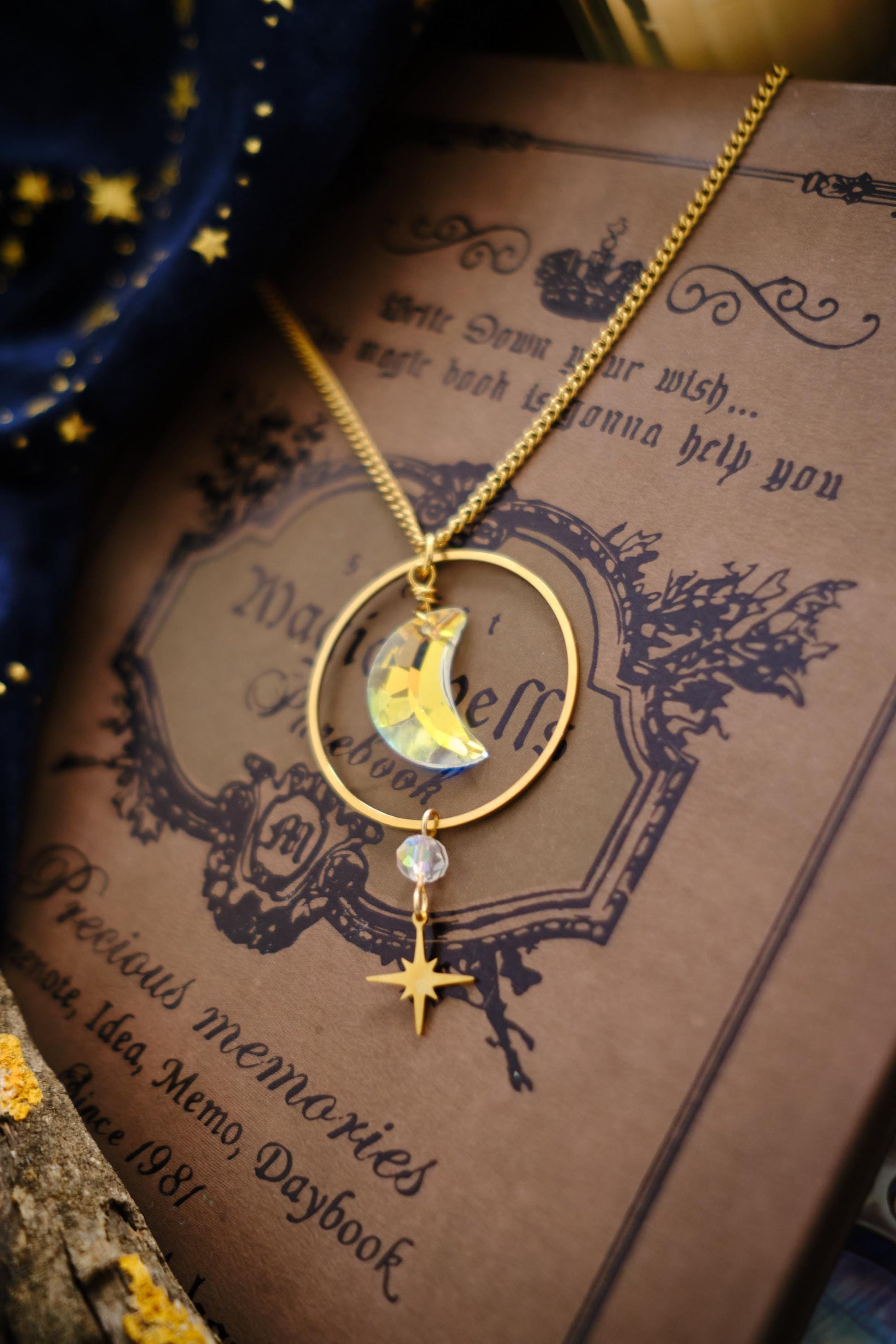 Suncatcher Moon Necklace, Celestial Witchy Jewelry, Whimsigoth Style Sparkly Necklace with Moon and Star