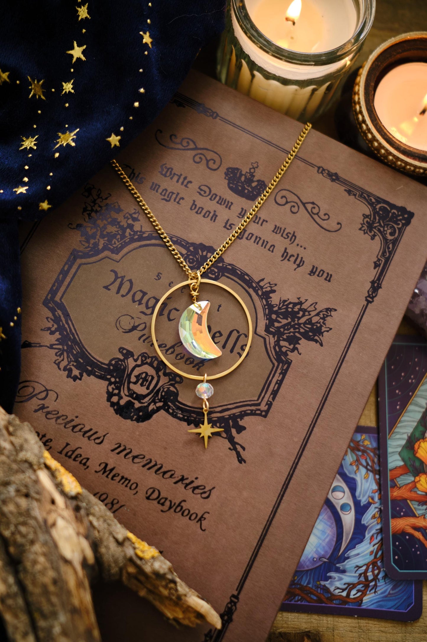 Suncatcher Moon Necklace, Celestial Witchy Jewelry, Whimsigoth Style Sparkly Necklace with Moon and Star