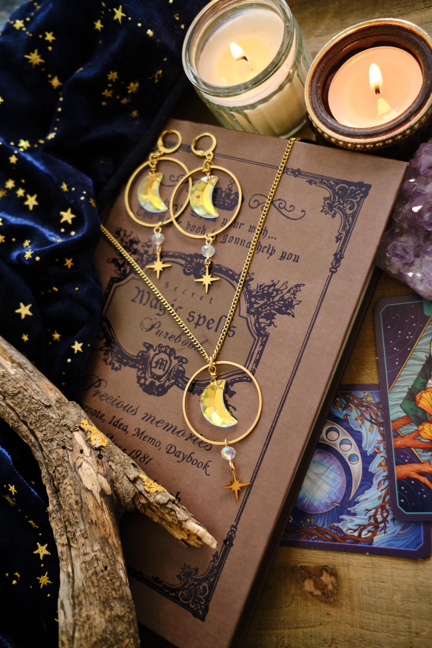Suncatcher Moon Necklace, Celestial Witchy Jewelry, Whimsigoth Style Sparkly Necklace with Moon and Star