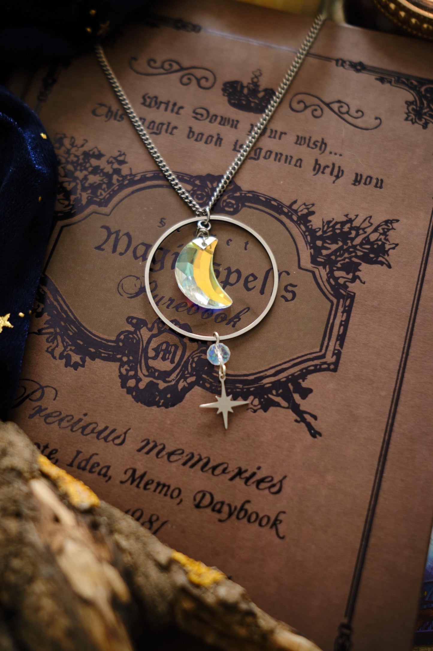 Suncatcher Moon Necklace, Celestial Witchy Jewelry, Whimsigoth Style Sparkly Necklace with Moon and Star