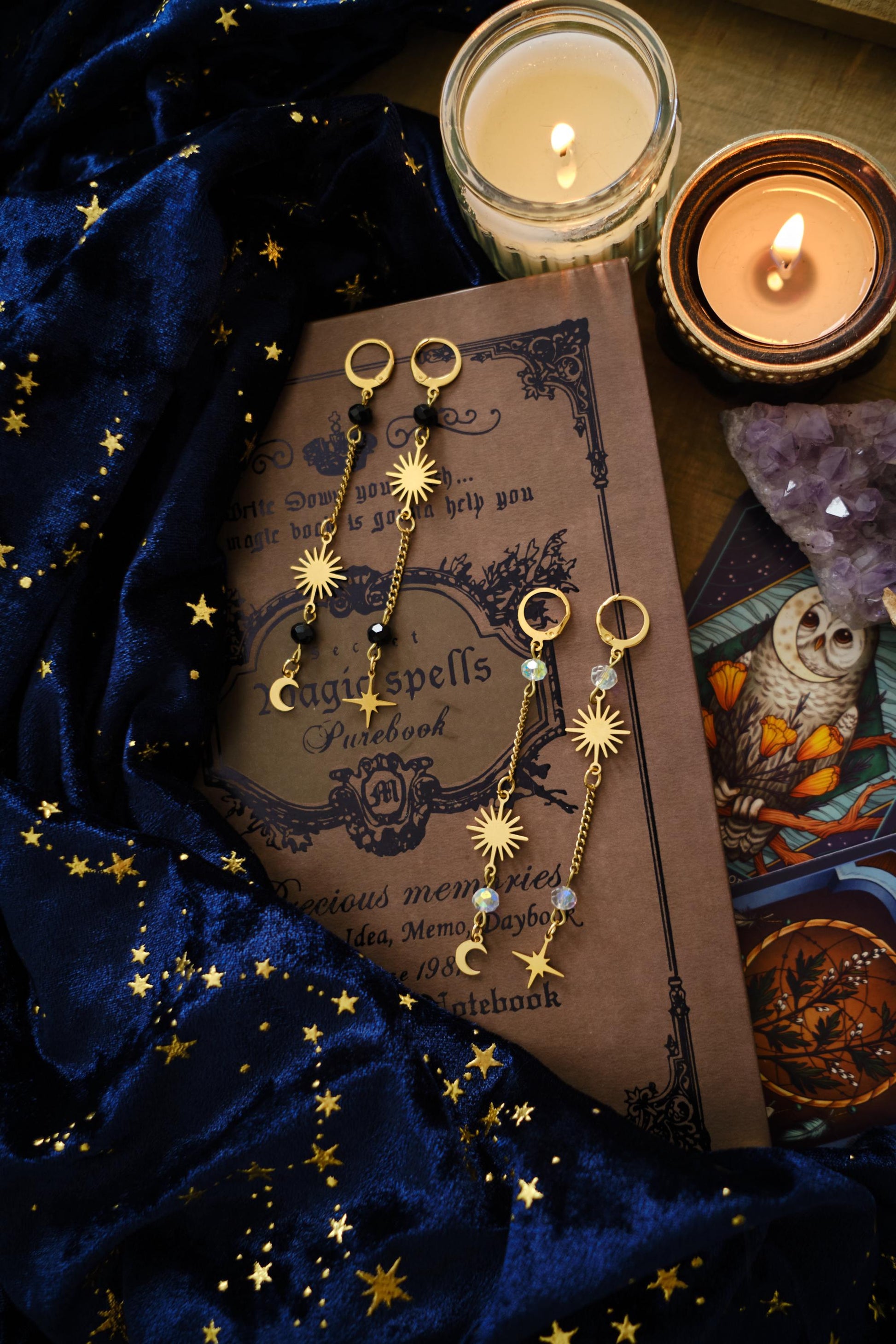 Mismatched Moon and Star Earrings, Dangling Elegant Celestial Jewelry