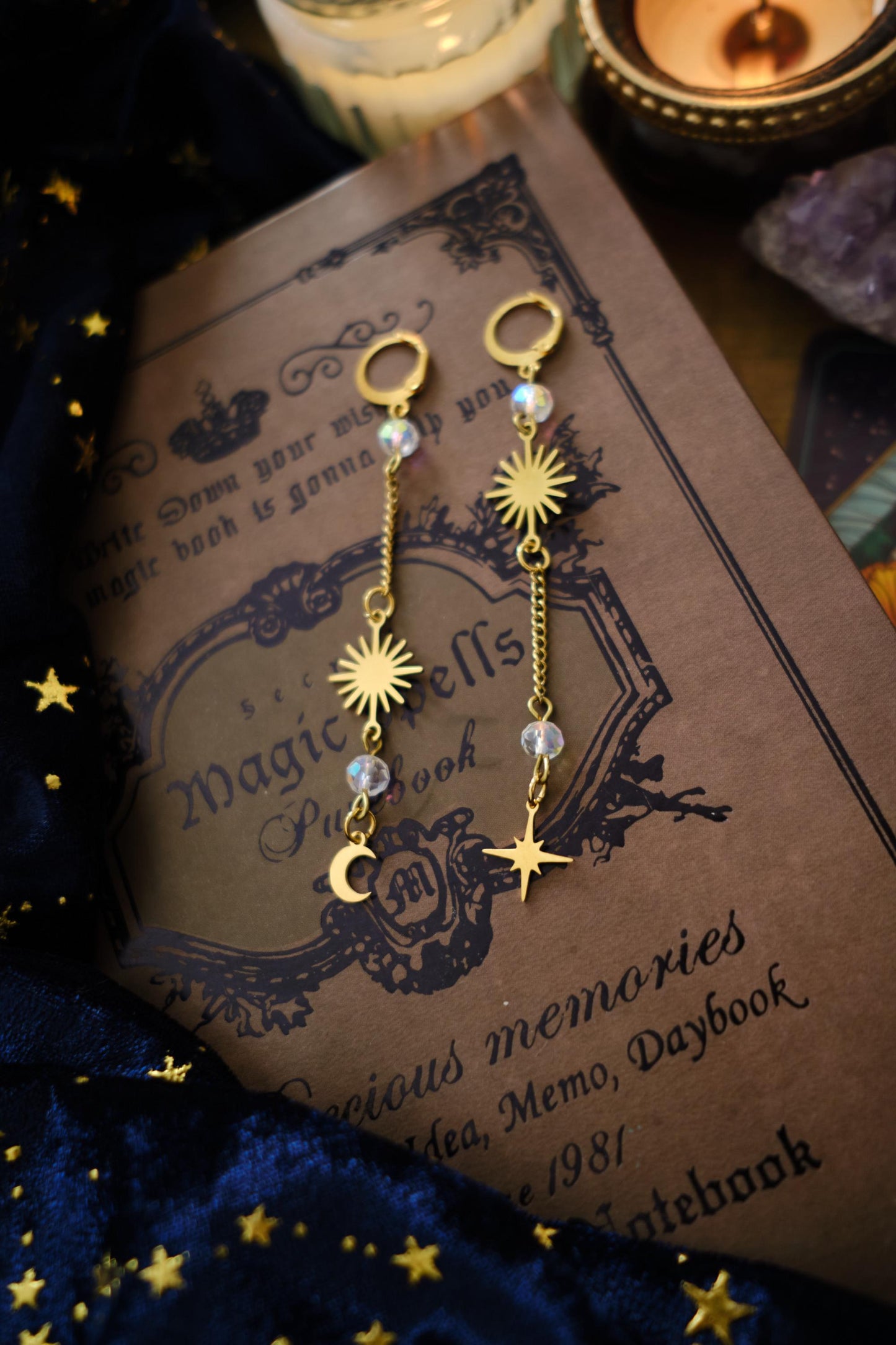 Mismatched Moon and Star Earrings, Dangling Elegant Celestial Jewelry