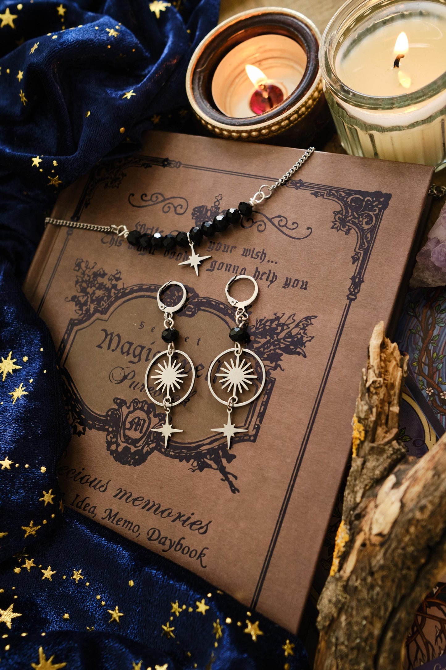 Personalizable Silver Moon or Star Necklace with Sparkly Beads, Choose your Color and Style! Whimsigoth Jewelry