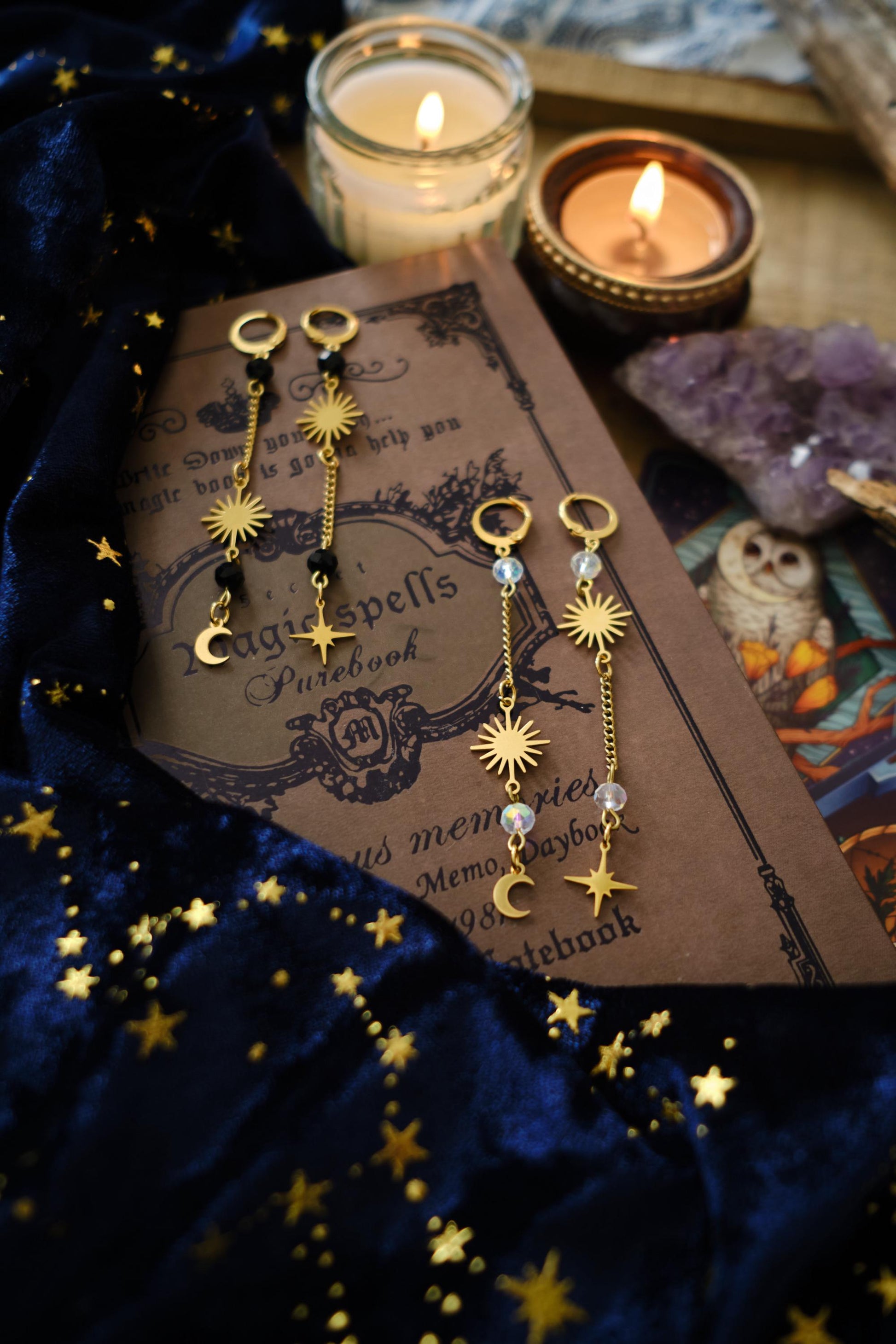 Mismatched Moon and Star Earrings, Dangling Elegant Celestial Jewelry