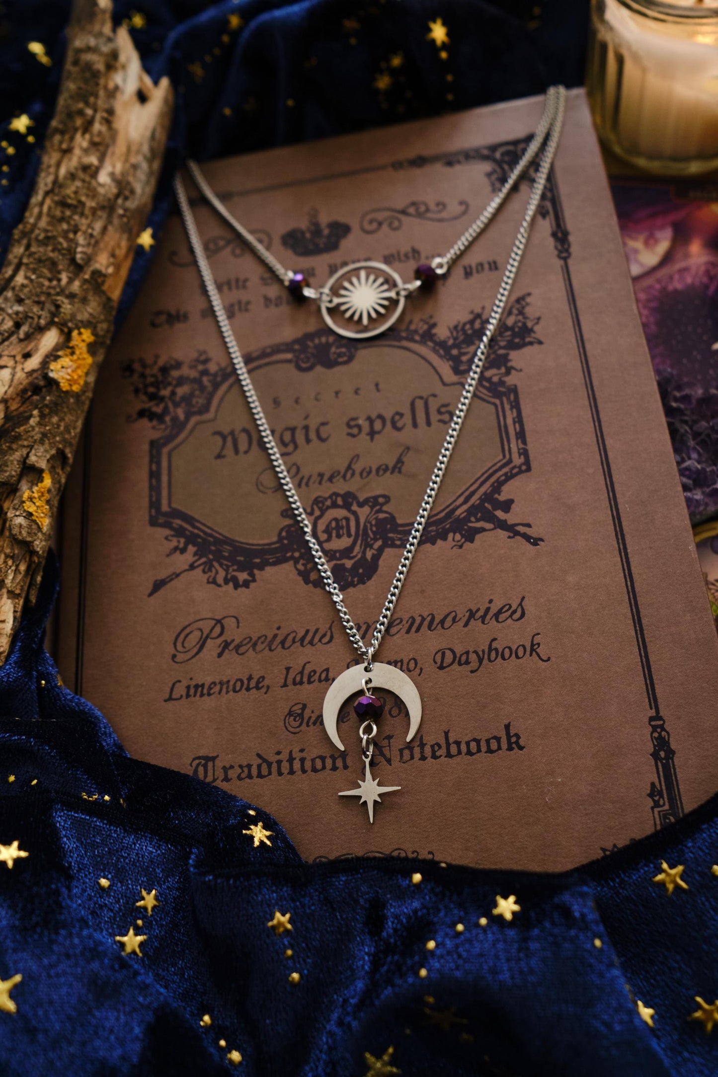 Witchy Choker Necklace, Celestial Silver Moon and Star Jewelry - Silver