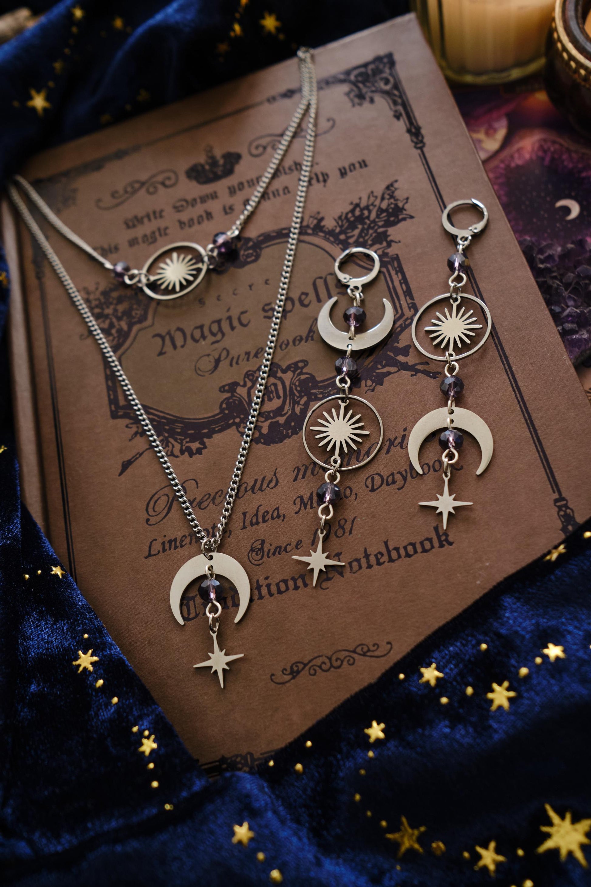 Witchy Choker Necklace, Celestial Silver Moon and Star Jewelry - Silver
