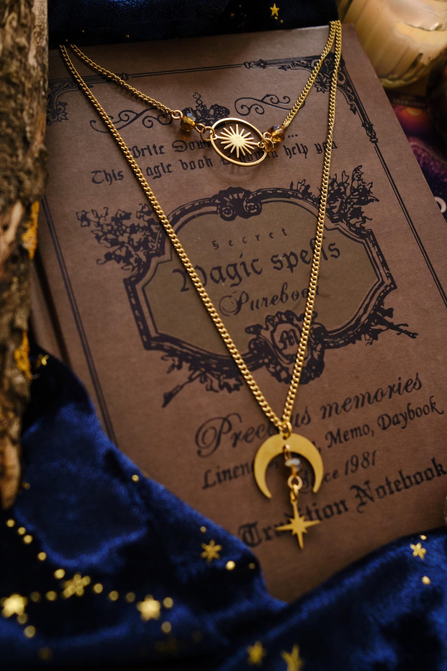 Witchy Choker Necklace, Celestial Moon and Star Jewelry, Whimsigoth Style - Gold