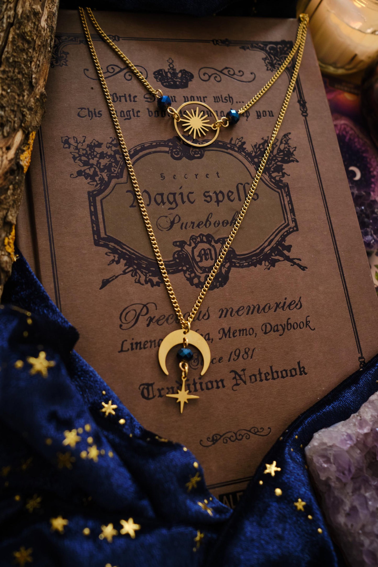 Witchy Choker Necklace, Celestial Moon and Star Jewelry, Whimsigoth Style - Gold