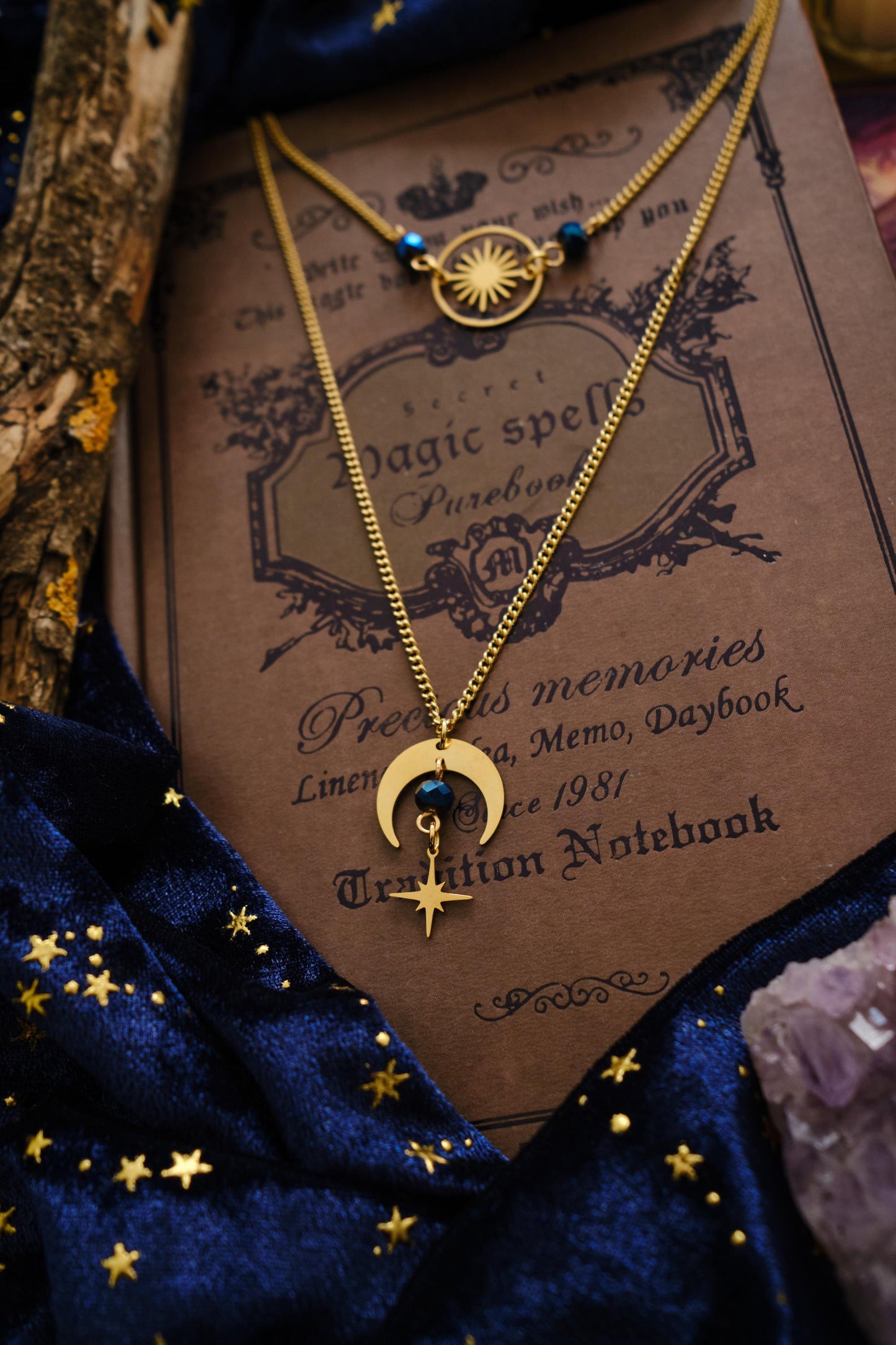 Celestial Choker Necklace, Witchy Moon and Star Jewelry, Whimsigoth Style - Gold