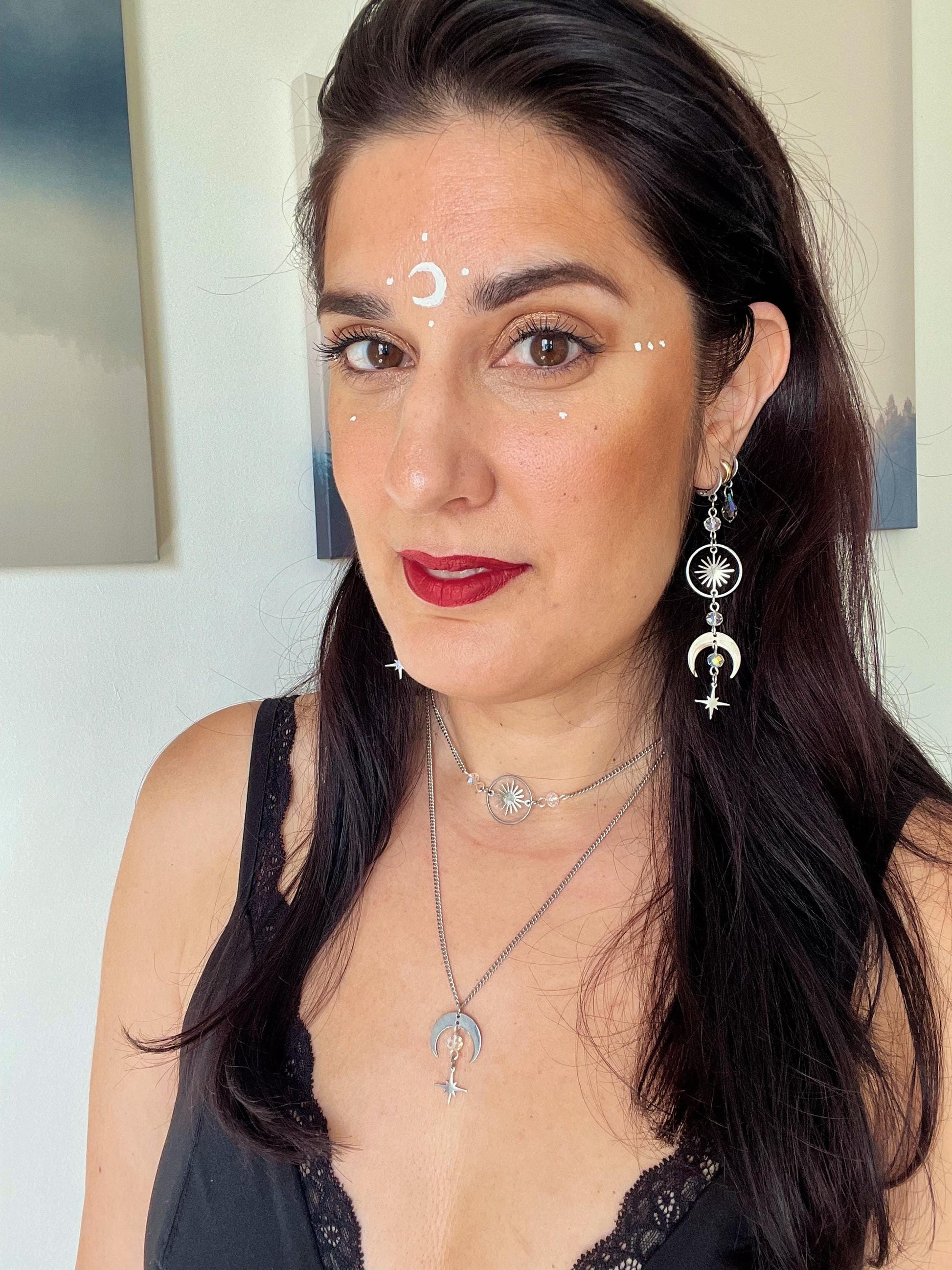 Witchy Choker Necklace, Celestial Silver Moon and Star Jewelry - Silver