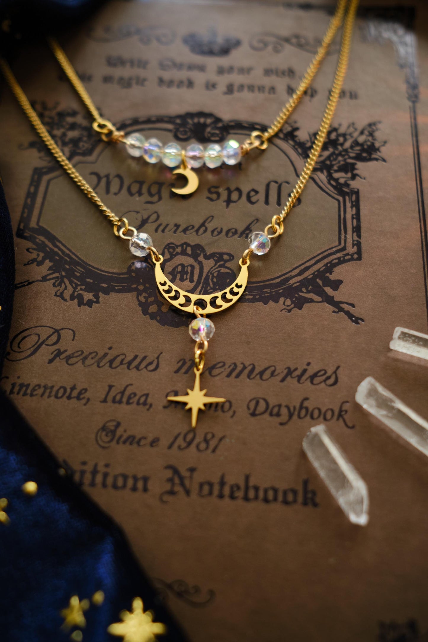 Celestial Necklace with Moon and Star Charm, Witchy Double Strand Necklace, Whimsigoth Jewelry - Gold
